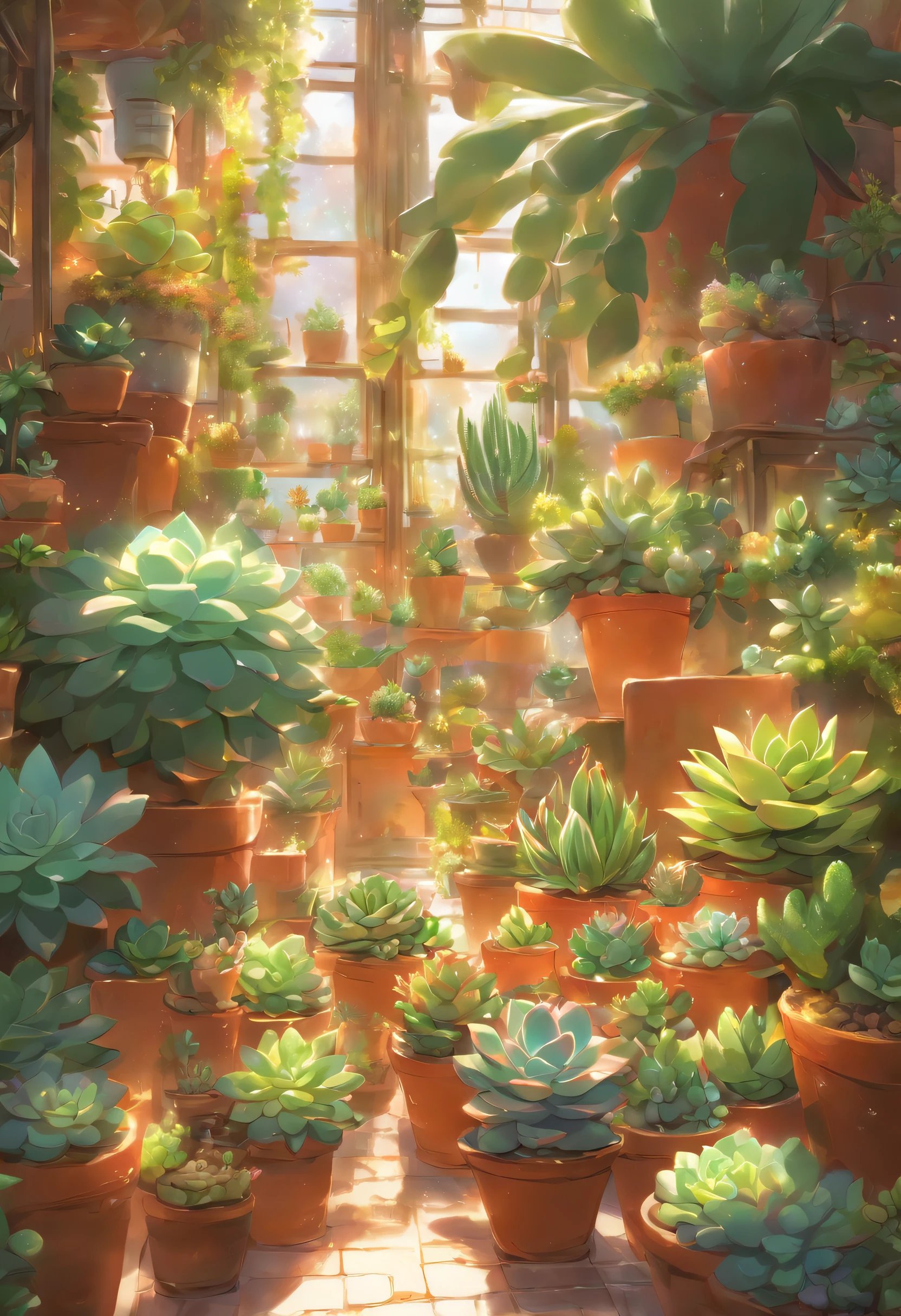 Succulents、potted plant、glasshouse、wide variety of succulents、best composition、masutepiece、Photorealsitic、ultra-detailliert