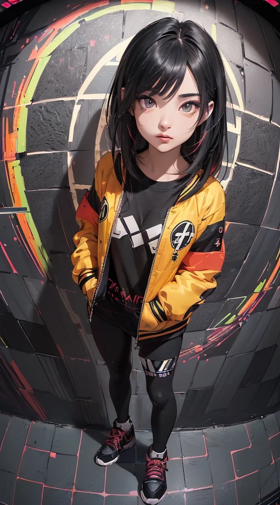 (((8k wallpaper of extremely detailed CG unit:1.2, masterpiece, hight resolution:1.2, top-quality:1.2, masutepiece))), ((a very beautiful woman, Hands in pockets:1.8, Grunge Fashion:1.2, Wearing a blouson:1.2, Wearing leggings, Wearing shoes)), ((extra detailed face, Highly detailed black eyes, extra detailed body, Top quality real texture skins)), (A dark-haired, length hair, de pele branca, Small), ((colorful geometric pattern wall, surrounded by colorful walls)), (high-angle:1.2, Fisheye:1.3), hyper realisitic, digitial painting,