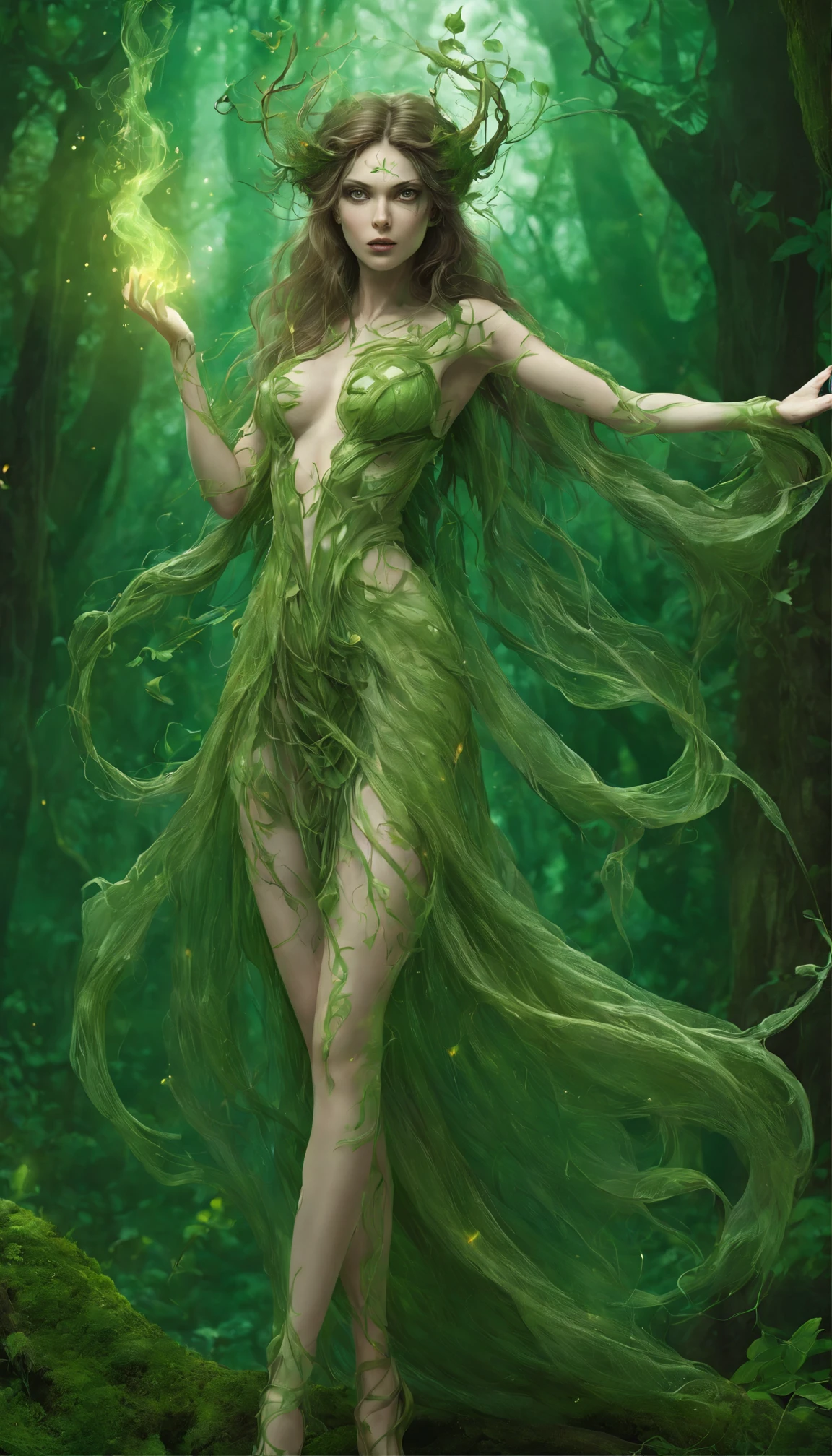 ultra detailed illustration of a dryad goddes, raised arms, angry, vines spread from her arms throughout her surroundings, ready to attack, magical ambient, ((glowy magic)), (glowy smoke:1.5) magical vines, in the forest, fantasy, surreal, keeping realistic proportions, drawing, ink lines, cartoonish vector, vector, manga, anime