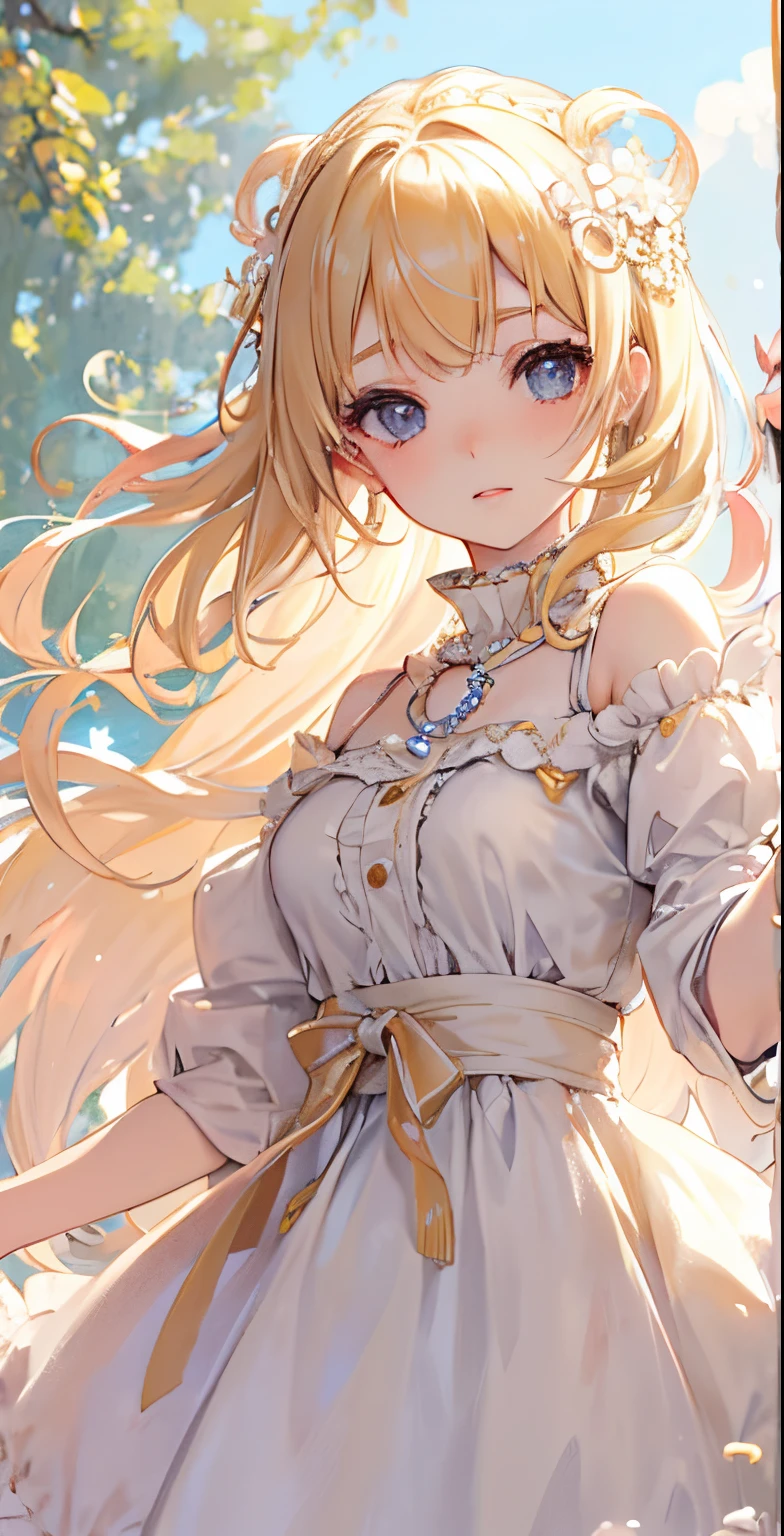 ((masutepiece)), High quality, super detailed, Blonde hair + White clothing: 1.2, sweet and delicate girl, nffsw, ta, Delicate facial features, Perfect figure, face with pearl decoration, bubbles surrounding, bright bright colors, romantic long hair, Natural light, warm and sweet, Brown eyes, gorgeous hair decoration.odd eye