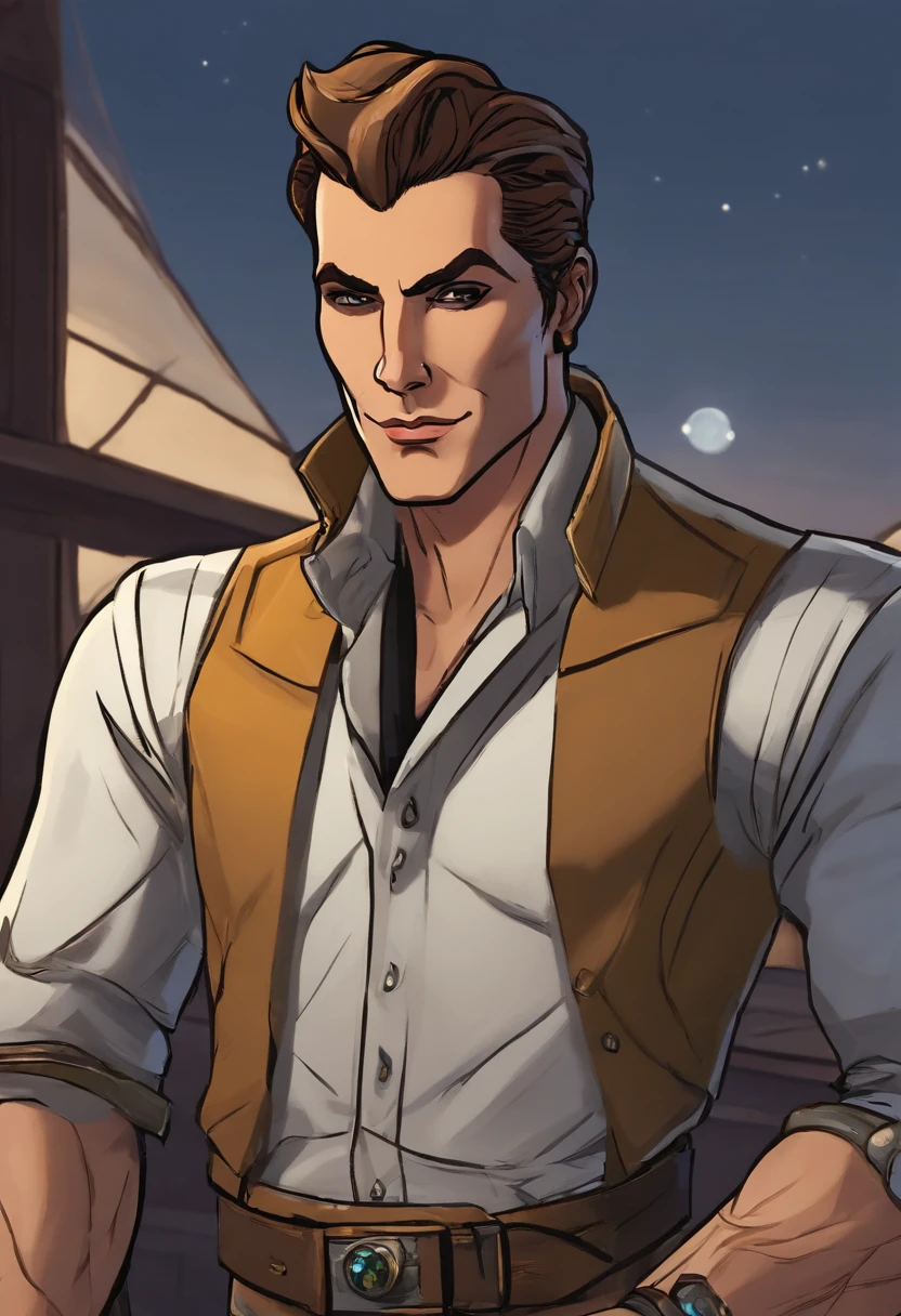 Handsome Jack standing on the balcony of his penthouse suite, overlooking the glittering city lights of Opportunity,Borderlands 2,Appearance: Handsome Jack from Borderlands
Description: Handsome Jack's appearance is distinctive and memorable, reflecting his larger-than-life personality. Here is a meticulous description of his physical features:
Facial Features:
- Face: Handsome Jack has a well-defined and angular face. His facial structure is sharp, with chiseled cheekbones and a prominent jawline.
- Eyes: His eyes are a piercing blue color, often described as icy or intense. They are framed by well-groomed eyebrows and have a calculating and observant gaze.
- Facial Hair: Handsome Jack is typically seen with a clean-shaven face, emphasizing the sharpness of his facial features.
Hair:
- Style: His hair is styled in a slicked-back manner, appearing well-groomed and meticulously maintained.
- Color: His hair is a striking shade of blonde, often described as a vibrant golden hue. It accentuates his charismatic and confident aura.
Attire:
- Clothing: Handsome Jack is often seen in a sharp and stylish outfit that exudes a sense of authority and sophistication. He favors tailored suits in dark colors such as black or charcoal gray, with intricate patterns or subtle detailing.
- Accessories: He adorns himself with accessories that showcase his wealth and power. This may include a sleek tie, cufflinks, and a high-end wristwatch. He may also wear a signature Hyperion mask, which is a white mask with a sinister grin, symbolizing his role as the CEO of Hyperion Corporation.
Physical Build:
- Height: Handsome Jack is of average to slightly above-average height, standing around 5'11'' to 6'0'' (180-183 cm).
- Physique: He possesses a lean and athletic build. While not exceptionally muscular, his physique suggests a level of physical fitness and agility.
Overall, Handsome Jack's appearance reflects his charismatic and confident nature. His sharp facial features, intense blue eyes, and meticulously styled hair contribute to his striking and memorable presence. Combined with his fashionable attire, he presents himself as a figure of power and authority.
Forehead: Handsome Jack's forehead is smooth and slightly rounded, with no prominent lines or wrinkles. It appears relatively proportionate to the rest of his face.
Eyebrows: He has well-defined eyebrows that are groomed and neatly shaped. They are medium in thickness and arched, adding to his expressive and intense gaze. The color of his eyebrows matches his hair color, a vibrant shade of blonde.
Eyes: Handsome Jack's eyes are one of his most striking features. They are a piercing, vibrant blue color, often described as icy or intense. His eyes have a sharp, calculating gaze that can be both captivating and unnerving. The irises stand out prominently against the white of his eyes.
Nose: He has a straight and well-defined nose that complements the angular and sharp features of his face. It is neither too small nor too large, appearing proportionate with the rest of his facial structure. The bridge of his nose is straight, leading to a slightly rounded tip.
Cheekbones: Handsome Jack possesses prominent and defined cheekbones that add a sense of structure and angularity to his face. They are high and well-sculpted, giving his face a distinct and commanding appearance.
Jawline: His jawline is strong and chiseled, adding to his overall rugged and authoritative look. It is well-defined, with a squared-off shape that accentuates the masculinity of his face. The jawline connects seamlessly with his neck.
Lips: Handsome Jack has medium-sized lips that are usually seen in a neutral or slightly smirking expression. They are neither too thin nor too full, striking a balance between refinement and confidence.
Chin: His chin is well-defined and slightly pointed, adding to the sharpness and angularity of his facial structure. It complements his overall handsome and charismatic appearance.
Skin: Handsome Jack's skin appears smooth and well-maintained. It has a fair complexion, often described as having a healthy glow.
His face is adorned by a mask that was grafted directly according to his previous face. He wears it because his normal face was branded with the Vault Symbol when the first Vault was opened in Pandora.
