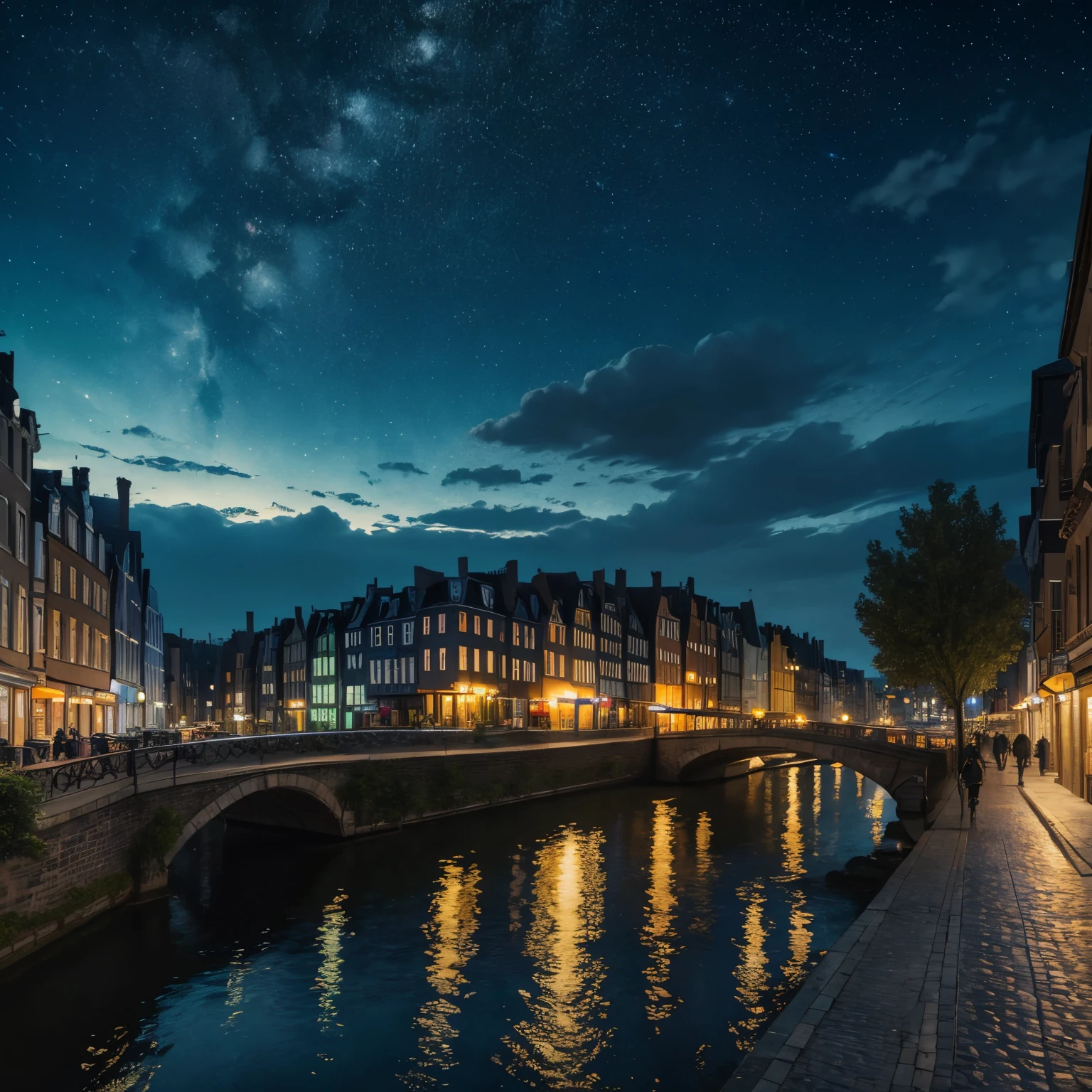 (best quality,4k,highres),vincent van gogh style,paintings,night sky,modern city,impressionist landscape,UHD,studio lighting,vibrant colors,star-filled sky,windy atmosphere,city lights,glowing windows,historic buildings,streets bustling with people,majestic skyline,cobblestone streets,tree-lined avenues,reflection in a river,romantic moonlight,captivating scenery,dynamic brushstrokes,expressive textures,masterpiece:1.2