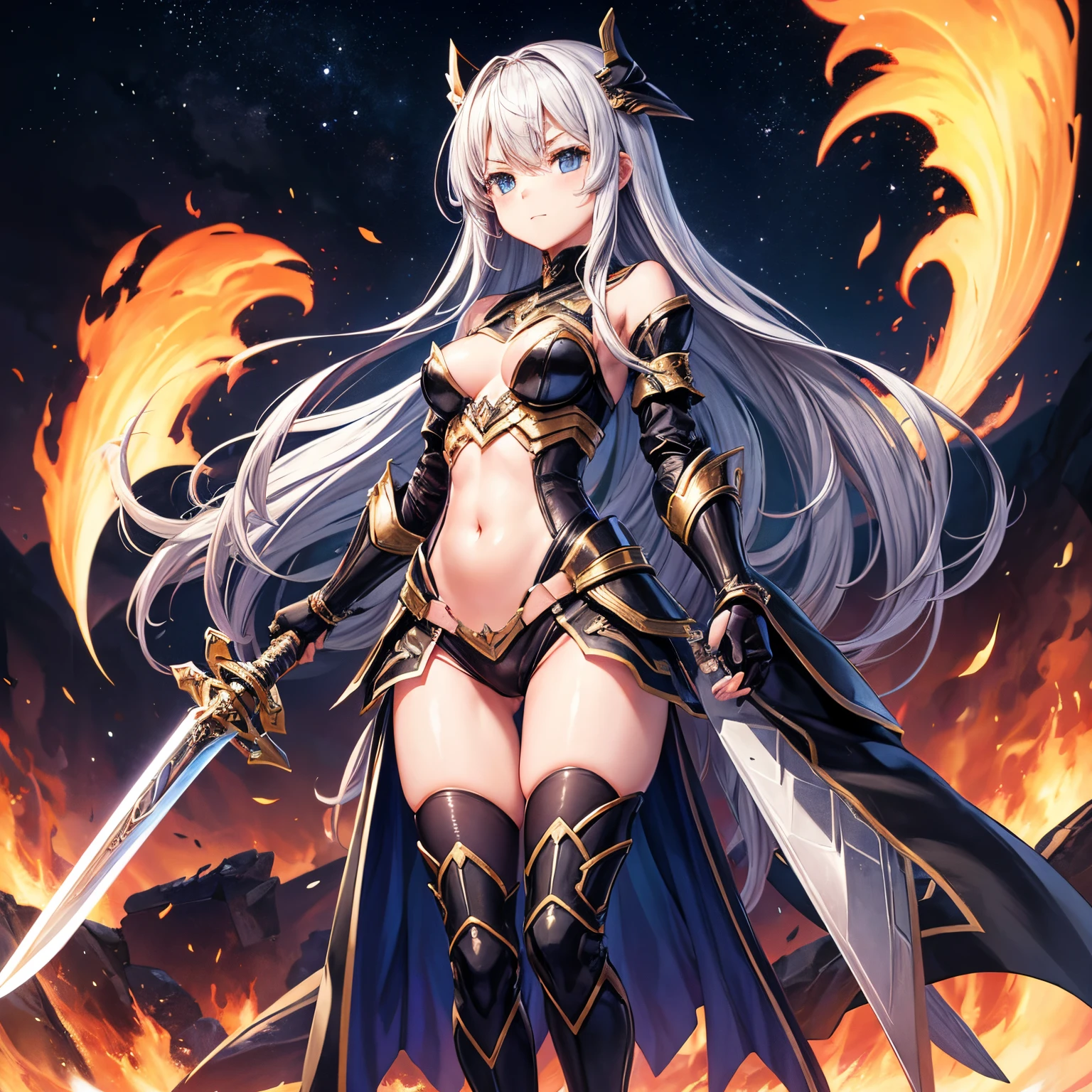quadratic element、girl with、 ager、s Armor、Sword in one hand、Long sword、Navel Ejection、thighs thighs thighs thighs、shinny skin、full body Esbian、Standing、Ruins in the background、Burning flame、Fight monsters、length hair、Cute faces in anime、Viewer-facing、soio、silber hair、cloaks