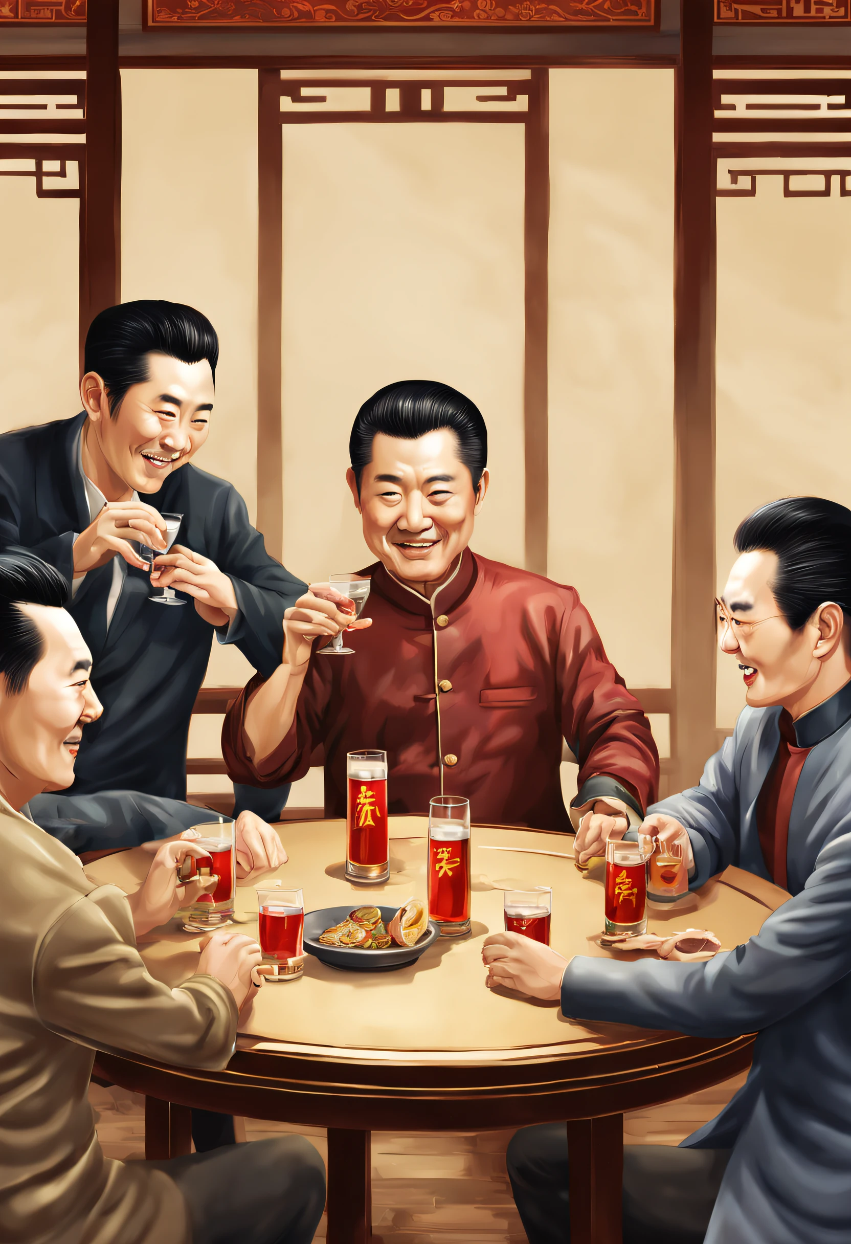 four chinese men，Drinking at the round table，Chinese Maotai liquor is on the table，2 of them are toasting，Please use realistic style