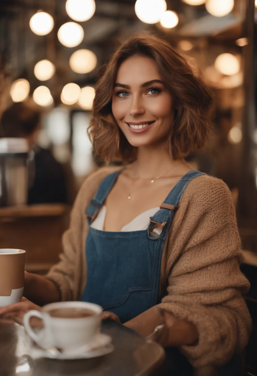 A close-up shot of a character at a local coffee shop, holding a hot chocolate with a cheeky smile.,original,[{{((Hair: light brown + short + messy))
((Eyes: large + blue + piercing + doe eyes))
((Facial features: long sharp face + sharp jawline + straight nose + pointed chin + thin lips + pale))
((Build: tall + slender + lean + lithe + strong + large hands))
((Appearance: glasses + sweaters + neat + put together))}}]