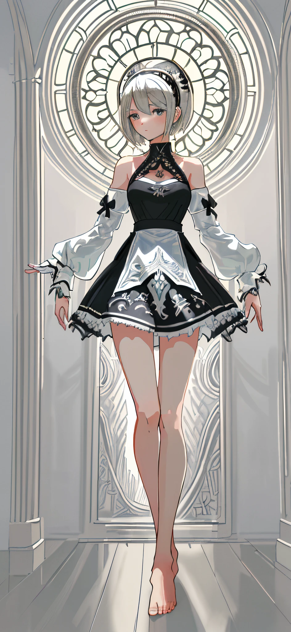 (masterpiece, high quality, highres,Highest picture quality), ((Yorha2b)), (Master's work),
(zentangle:1.2),1girl,classical,noble,princess,negative space,Tyndall Effect,light background, [(white background:1.3)::5],
bare shoulders, barefoot, bare back, shiny skin, shiny hair,