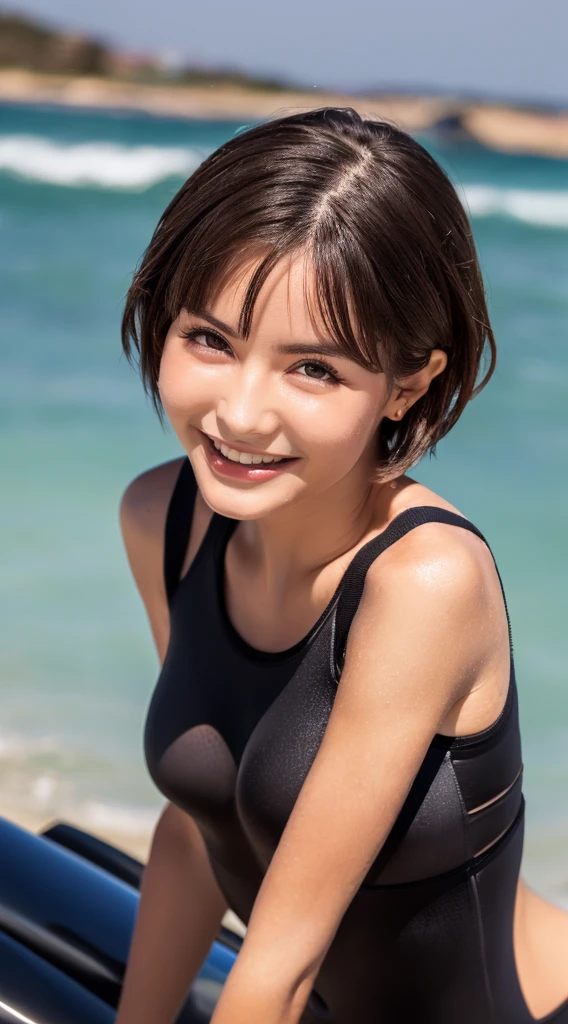 (Best Quality, 4K, hight resolution, masutepiece:1.2), Ultra-detailed, (Photorealistic:1.1), Have a surfboard, Beach, Wearing a trendy wetsuit, 1 girl, Beautiful, A slightly mischievous smile, detailed brown short bob hair, (Brown eyes), Fair skin, Front view, Soft lighting, depth of fields,