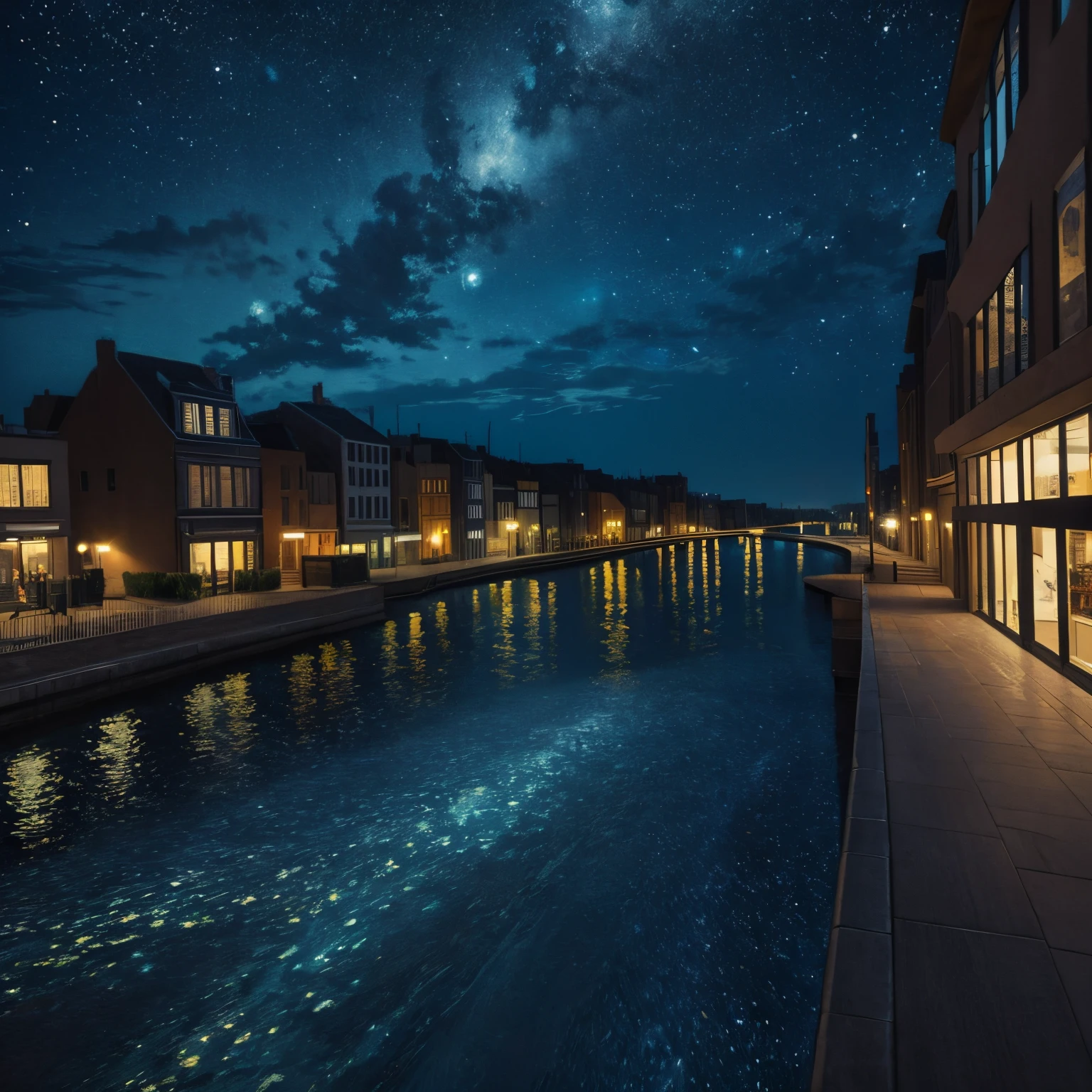 vincent van gogh night sky style painting with a modern city