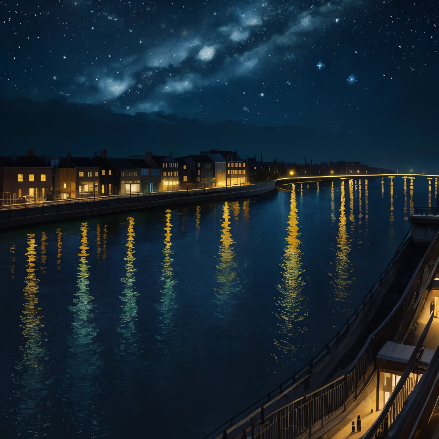 vincent van gogh night sky style painting with a modern city