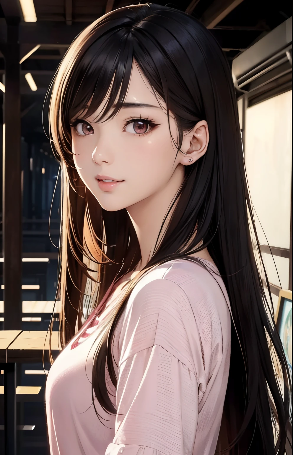 masterpiece、top-quality、hight resolution、High-quality images、8K, 1 woman、skin gloss、Texture of skin and clothing、Detailed eye expression、Lustrous hair,girl with long hair, Manga inspired by Lee Jong-suk, trending on deviantart, Realism, detailed manga style, manga art style, perfect lineart, beautiful line art, digital manga art girl, kpop idol, dress, detailed brown eyes, plump lips, detailed gorgeous face, (cute smile), seductive, innocent, sideview, (perfectly detailed face), (well detailed hand) photorealistic image, depth of field, japanese hime cut hairstyle, pink top, white stripe top, lobby, evening