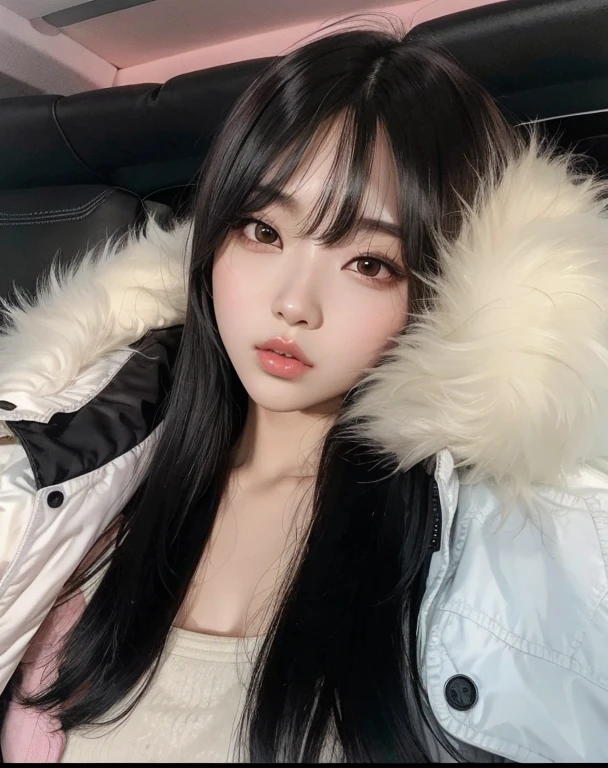 garota araffe com longos cabelos pretos, vestindo uma jaqueta branca e uma gola de pele, Ulzzang, Ela tem cabelo preto com franja, coreana, wan adorable korean face, Dom Yunjoo, longos cabelos brancos e franja, Lalisa Manobal, Sakimichan, Mulher sul-coreana bonita, Jinyoung Canela, linda mulher coreana jovem, Heonhwa Choe