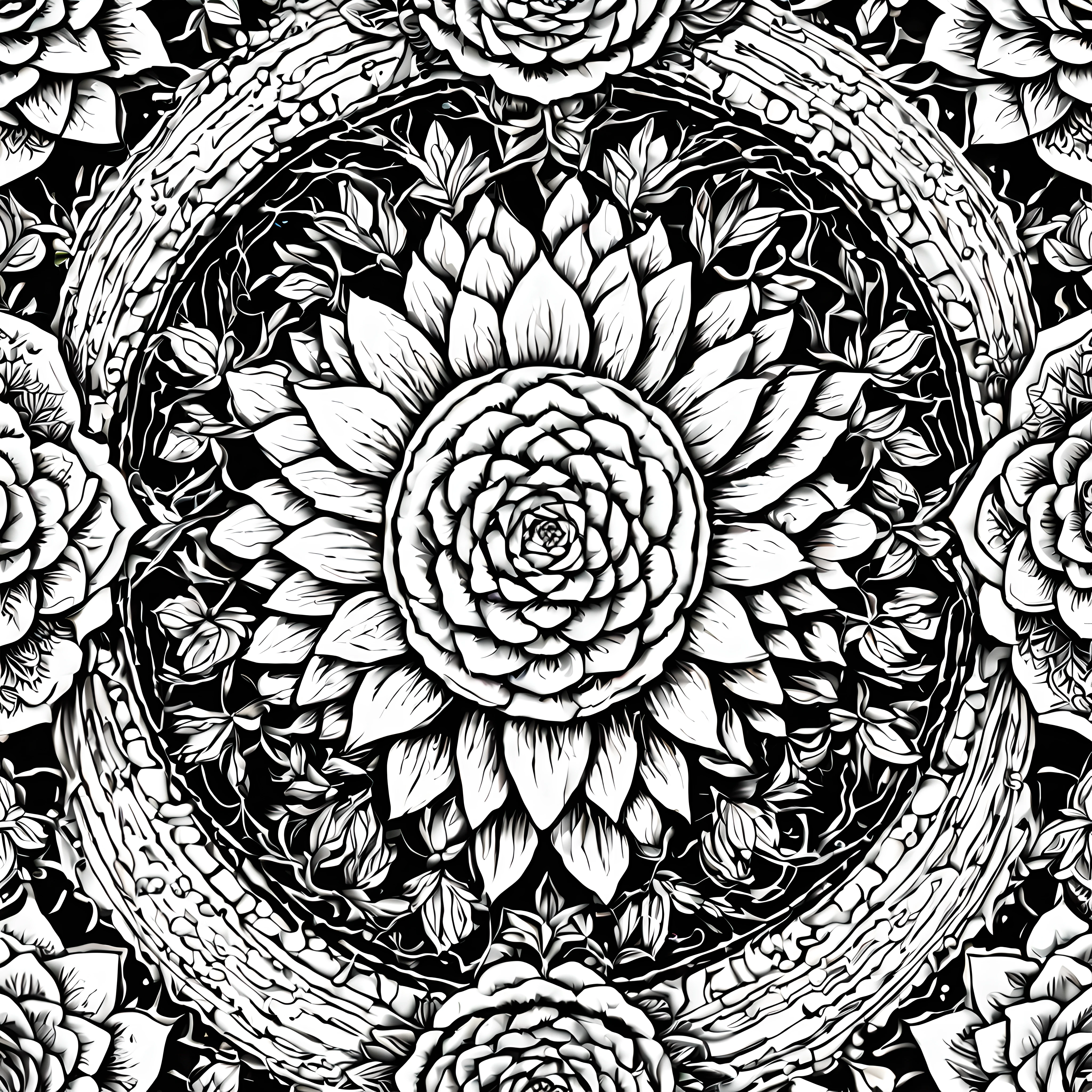 (symmetrical:1.6), black and white lineart, LineAniAF, a captivating wallpaper featuring a variety of succulents with unique shapes and textures, a visually pleasing composition, ensuring a balance between delicate details and bold forms, intricate patterns and contours, minimalist aesthetic, the thick outlines