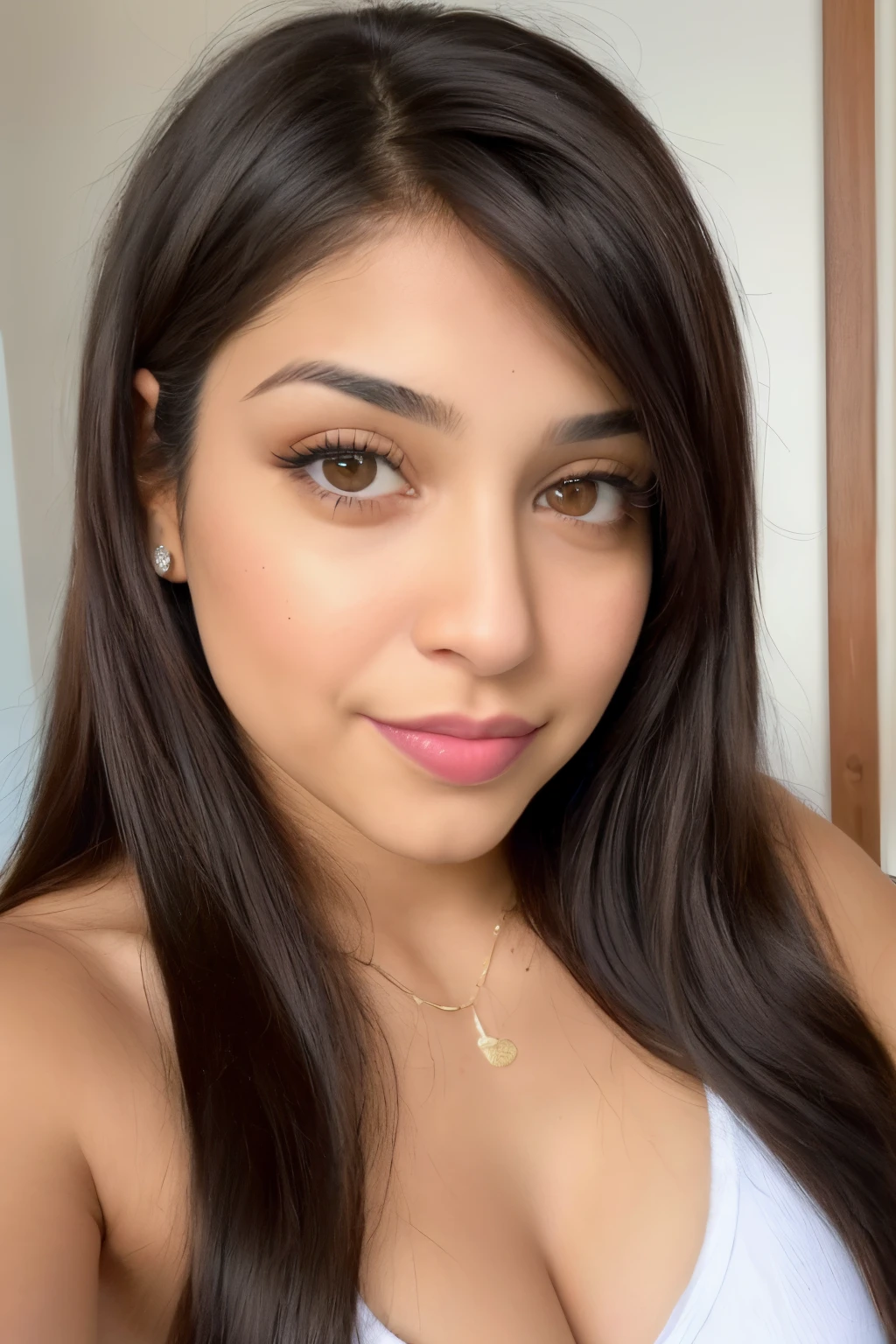 Chica latina ojos marrones piel mestiza cabello negro liso tomada con iphone 7 frente al espejo