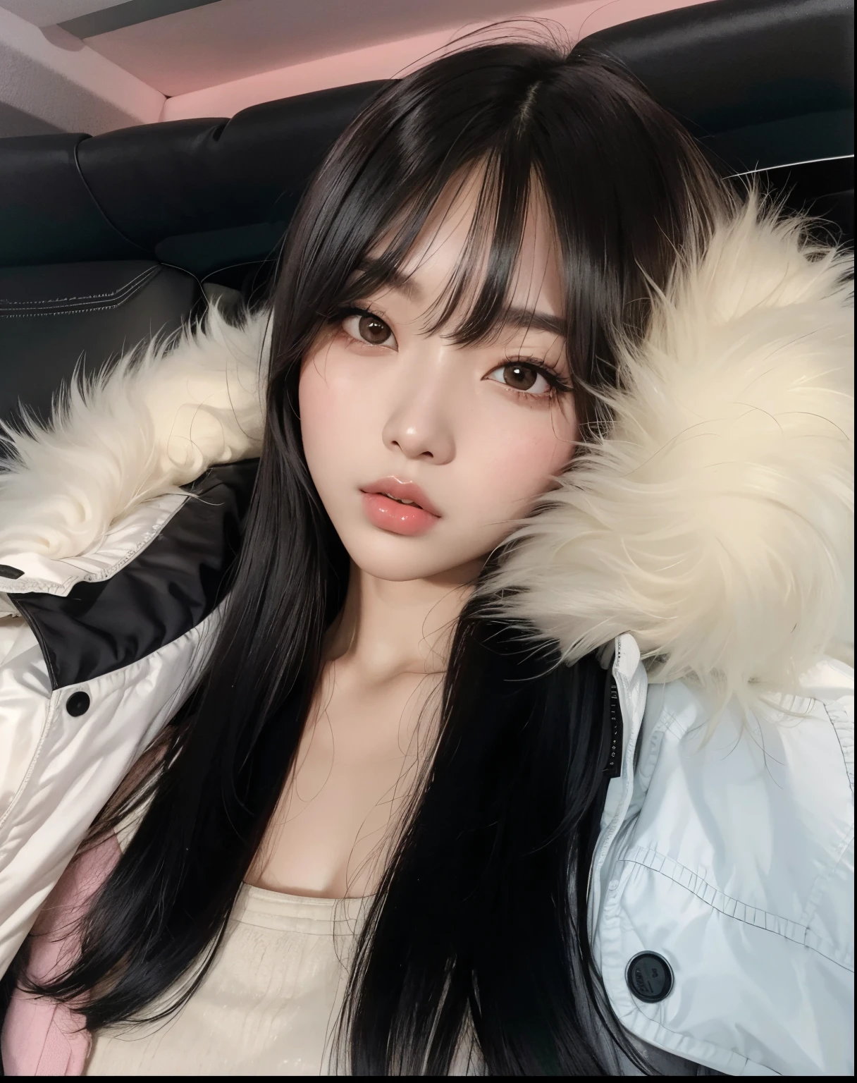 garota araffe com longos cabelos pretos, vestindo uma jaqueta branca e uma gola de pele, Ulzzang, Ela tem cabelo preto com franja, menina coreana, wan adorable korean face, Dom Yunjoo, longos cabelos brancos e franja, Lalisa Manobal, Sakimichan, Mulher sul-coreana bonita, Jinyoung Canela, linda mulher coreana jovem, Heonhwa Choe