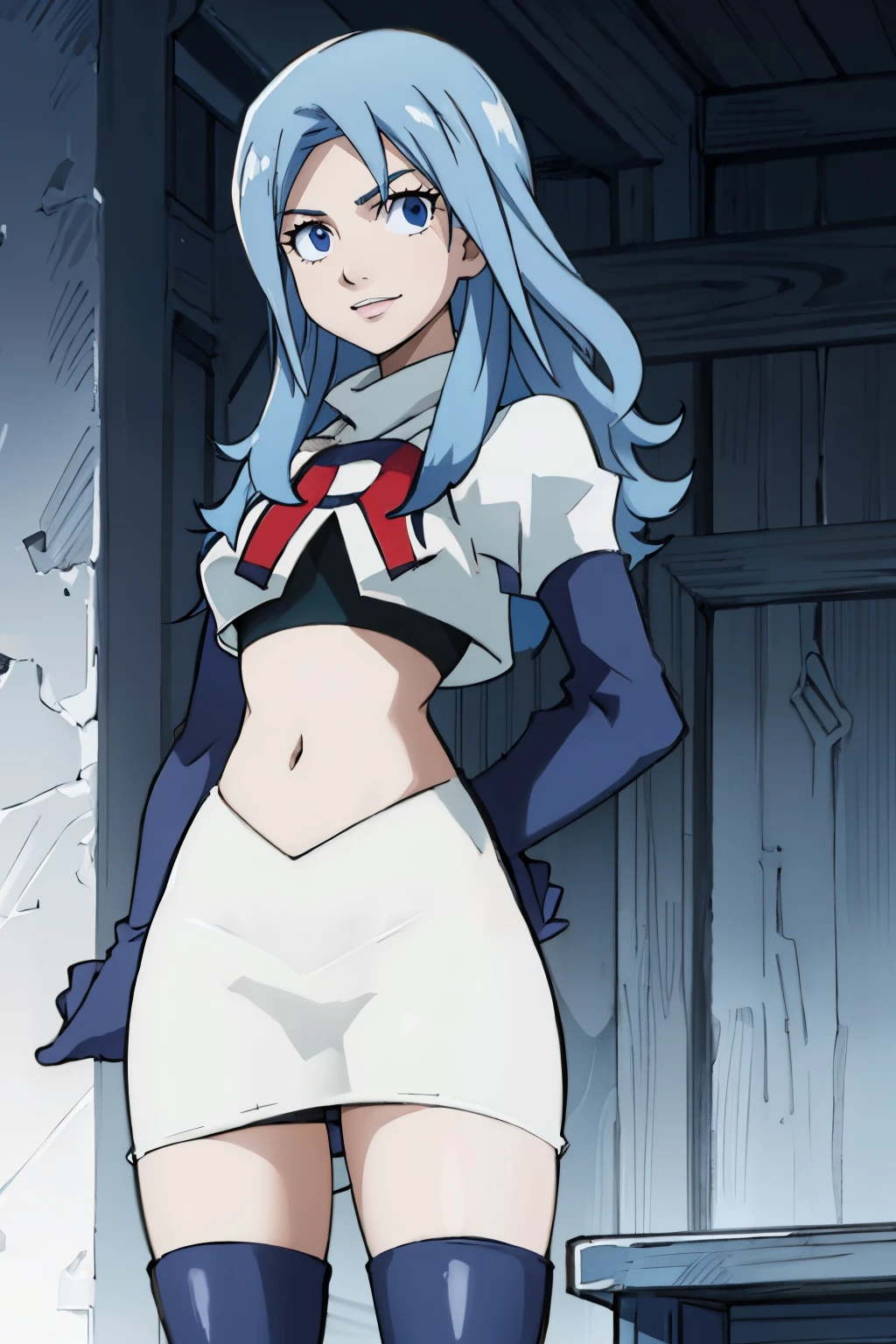 JUVIALS ,team rocket uniform, red letter R, white skirt,white crop top,black thigh-highs,black elbow gloves, smile, blue eyes, cowboy shot, posing