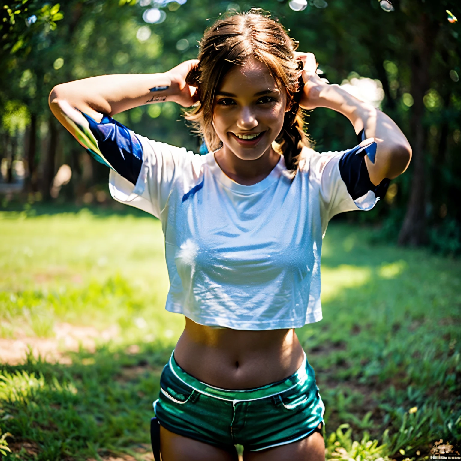 only 1 girl, beautiful, wearing Pantyhose and shorts ,white T-shirt, light brown hair, short ponytail, light smile ,cowboy shot, green background ,masterpiece, anatomically correct, textured skin, super detail, high details, best quality, high quality