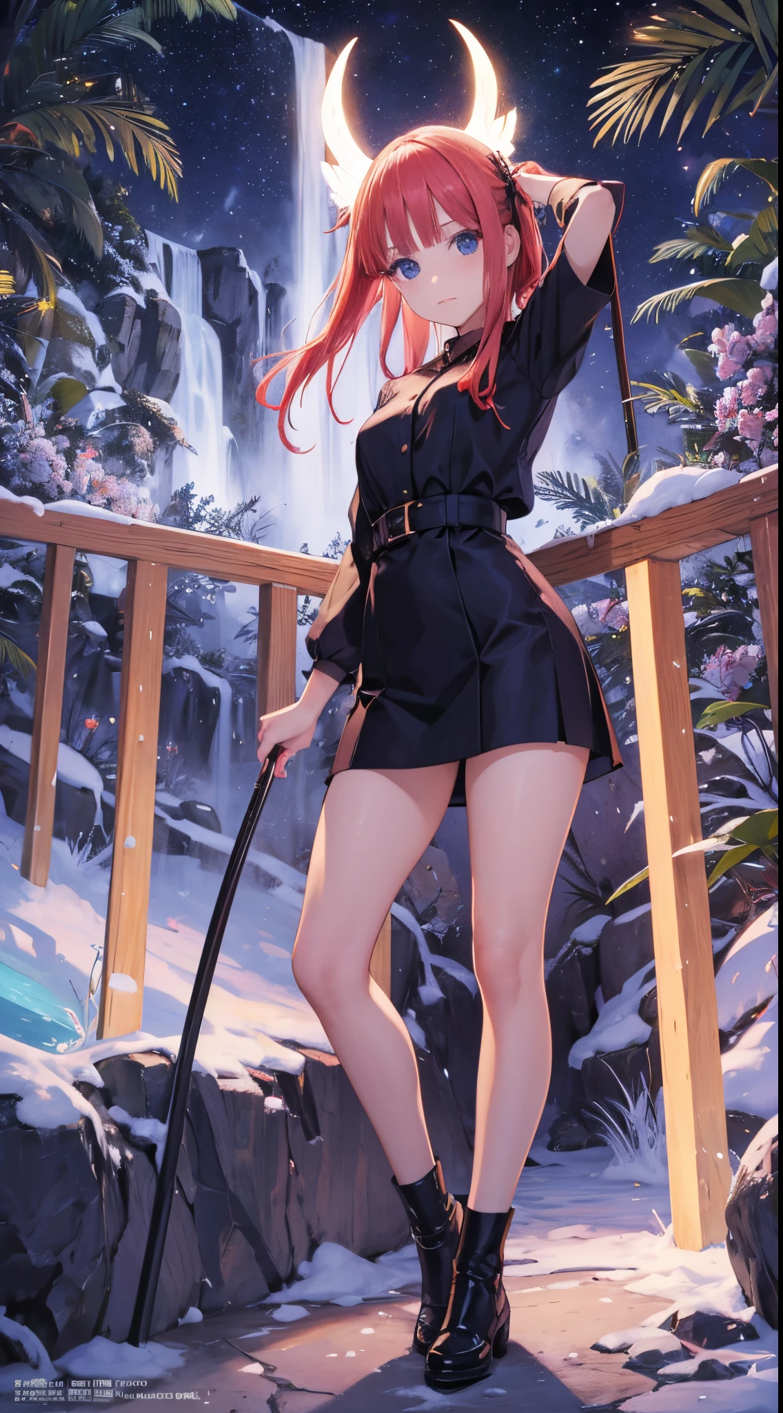 (masterpiece:1.2, best quality:1.2, beautiful, high quality, highres:1.1), detailed, extremely detailed 4K, perfect eyes, perfect face, perfect lighting, (1girl, solo, adult female, mature female), thin, lithe body, 
karin, long red hair, red eyes, glasses, (flat chest:1.2), glasses, red eyes
Pale violet sleeveless shirt, black straight skirt, bike shorts under skirt, black stockings, combat gloves, 
(outside, trees, japanese village background:1.2), closed clothes, closed zipper shirt, (( serene calm, elegant ))  sexy curves, 8k