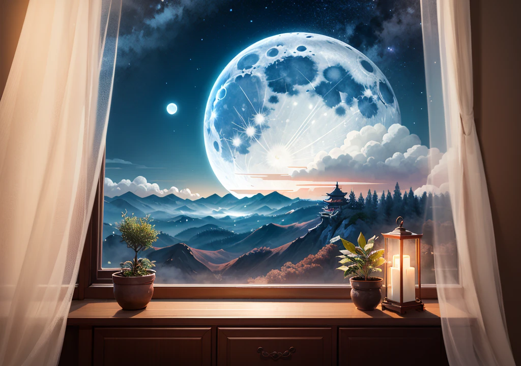 4K,Chinese traditional style ,Bright moonlight spills on the windows, The ground seems to be covered with a layer of silver frost. A white Persian cat,There is a red rope around the neck,On window sills,Look up at the sky, The moon shines on the windowsill, miss my distant hometown.