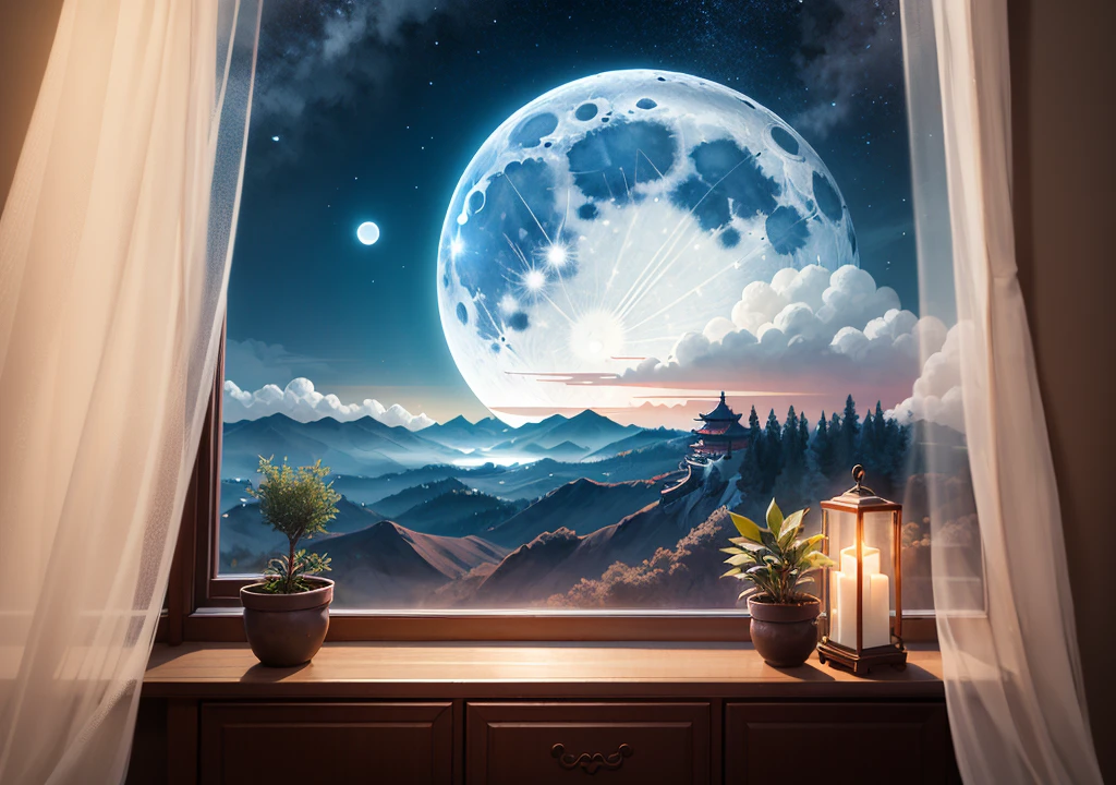 4K，Chinese traditional style ，Bright moonlight spills on the windows, The ground seems to be covered with a layer of silver frost. A white Persian cat，There is a red rope around the neck，On window sills，Look up at the sky, The moon shines on the windowsill, miss my distant hometown.