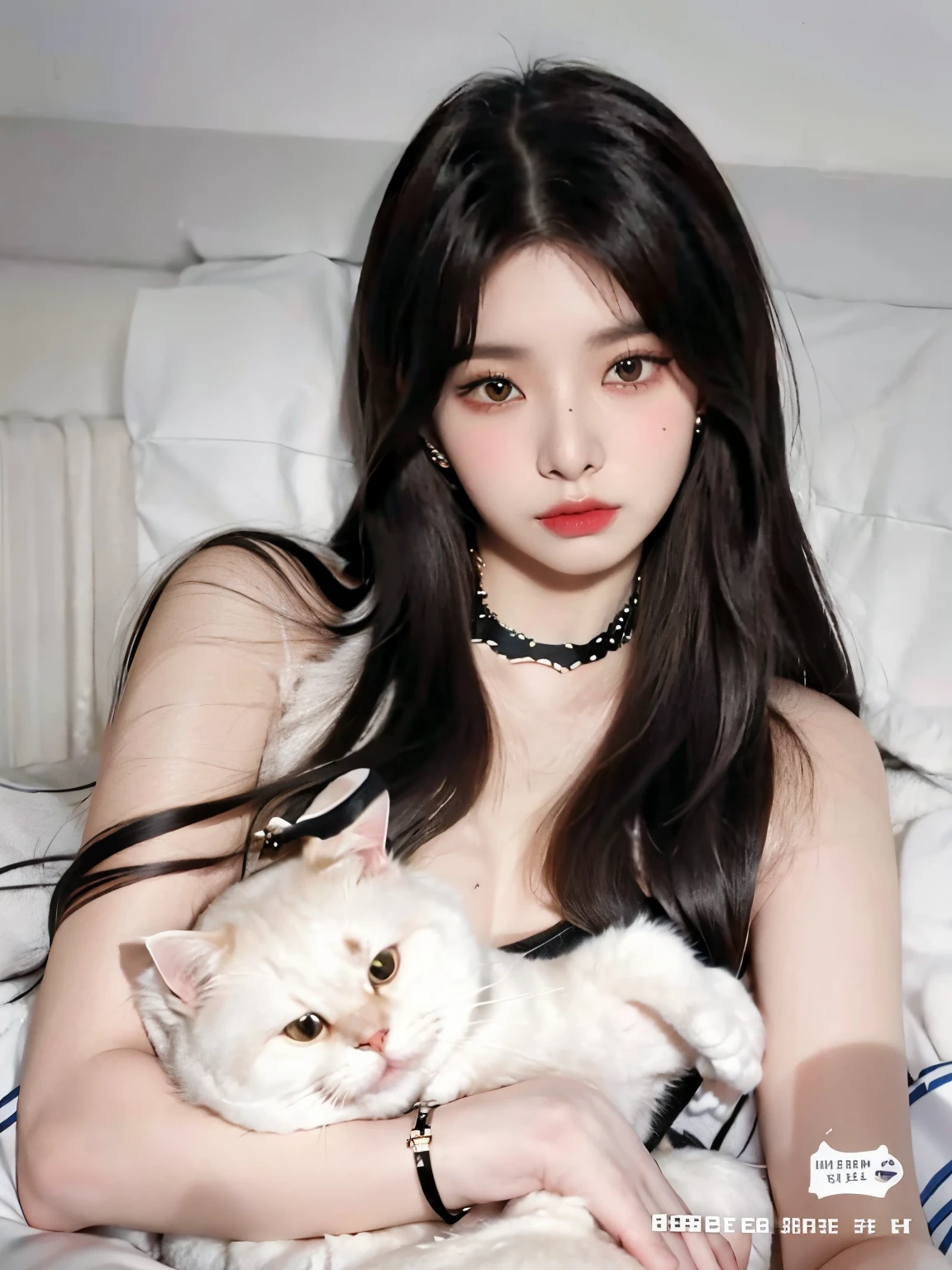 Mujer araffe sosteniendo un gato en sus brazos en una cama., Very beautiful cute catgirl, Atractiva chica gato, Chica coreana, Beautiful young catgirl, cruel korean goth girl, ulzzang, beautiful asian girl, Jaeyeon Nam, Asian girl, Hermosa mujer surcoreana, con cabello largo y ojos penetrantes, Blanco ( gato ) girlish, asian features