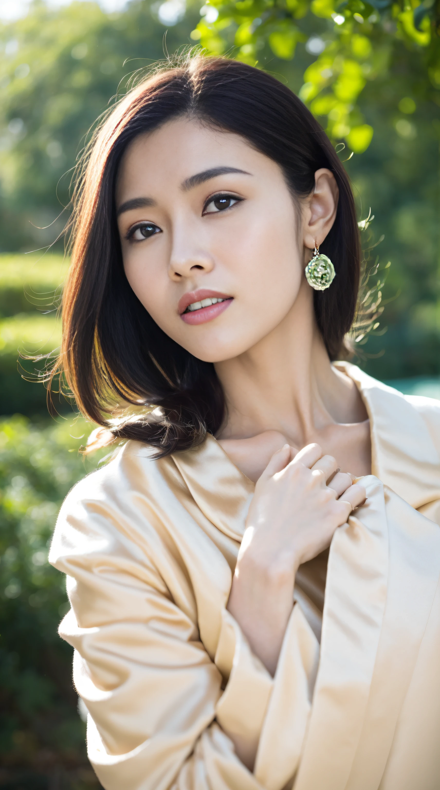 Fashion model 18 years old [[[[Close-up cleavage]]]], [[[[climaxing]]]], [[[[Cole]]]], [[[[bshoulder]]]], perfect  eyes, Perfect iris，perfect lips，perfect teeth，Perfect Skin，with fair skin，HighDynamicRange，Movie Girl，(s delicate face)，(Highly defined faces)，White casual wear，The background is green trees，fresh flowers，4K Ultra HD, 超高分辨率, (realisticlying: 1.4), Best quality at best，tmasterpiece，（pastel colour：1.2）