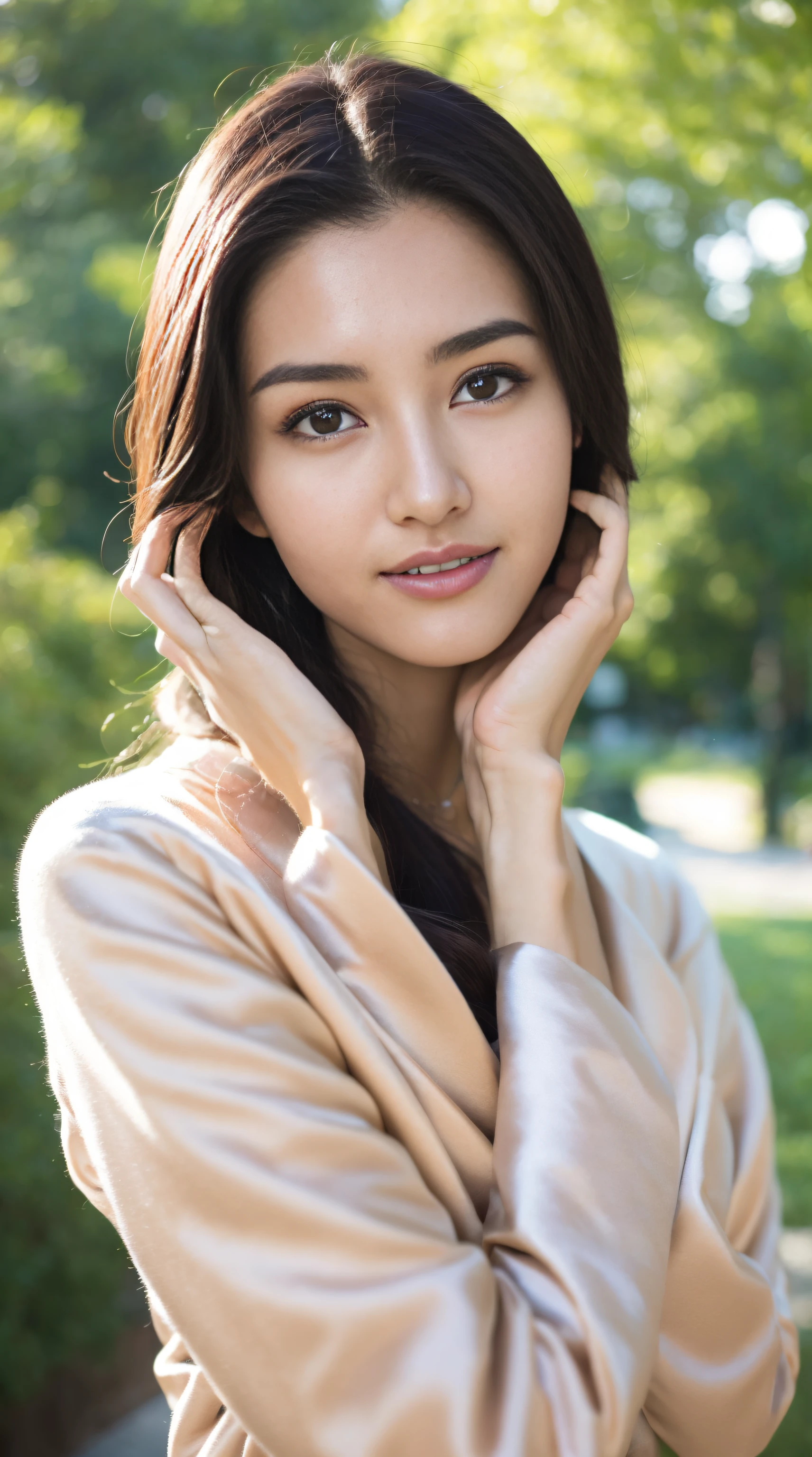 Fashion model 18 years old [[[[Close-up cleavage]]]], [[[[climaxing]]]], [[[[Cole]]]], [[[[bshoulder]]]], perfect  eyes, Perfect iris，perfect lips，perfect teeth，Perfect Skin，with fair skin，HighDynamicRange，Movie Girl，(s delicate face)，(Highly defined faces)，White casual wear，The background is green trees，fresh flowers，4K Ultra HD, 超高分辨率, (realisticlying: 1.4), Best quality at best，tmasterpiece，（pastel colour：1.2）