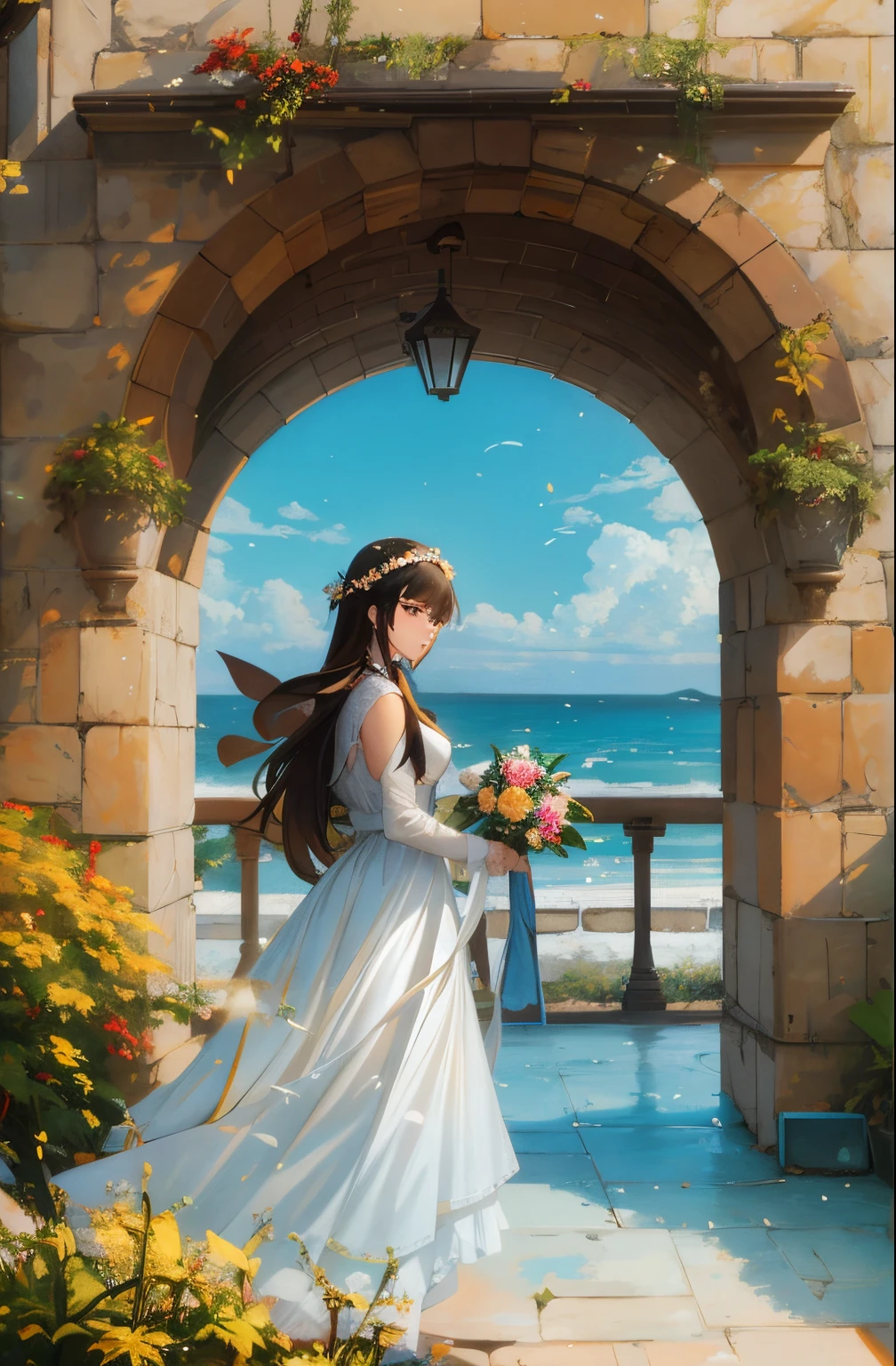 Painting of a woman in a white dress standing in front of a stone archway, guweiz, guweiz masterpiece, Rin, guweiz on pixiv artstation, makoto sinkai, Lori, artwork in the style of guweiz, guweiz and makoto shinkai, studio glibly makoto shinkai