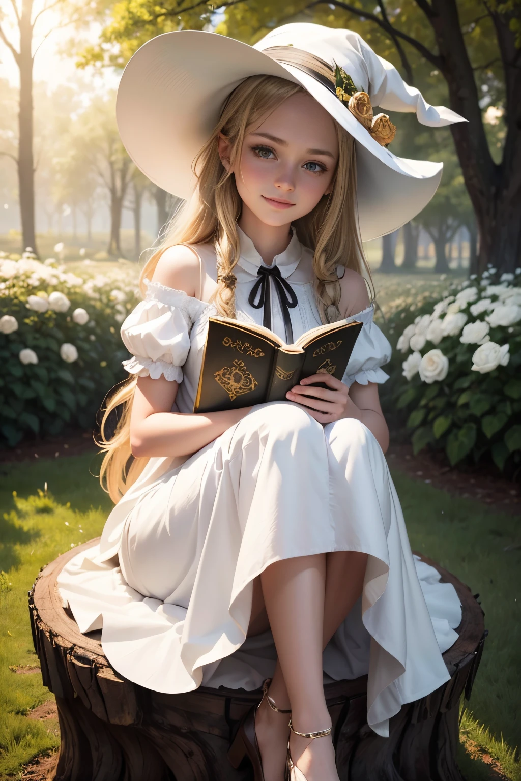 Beautiful young witch sitting on a large stump, The girl smiles sweetly, His face is illuminated by the bright rays of the sun, The girl is dressed in a white dress, witch's hat on the head, The perfect female face of the goddess, Деталь 8k, photo realistic style, sharp-focus, Professional lighting, colorful details, The painting is built according to the rule of the golden ratio, Around the garden of white roses, full-arm-gloves, Girl reading a huge ancient book