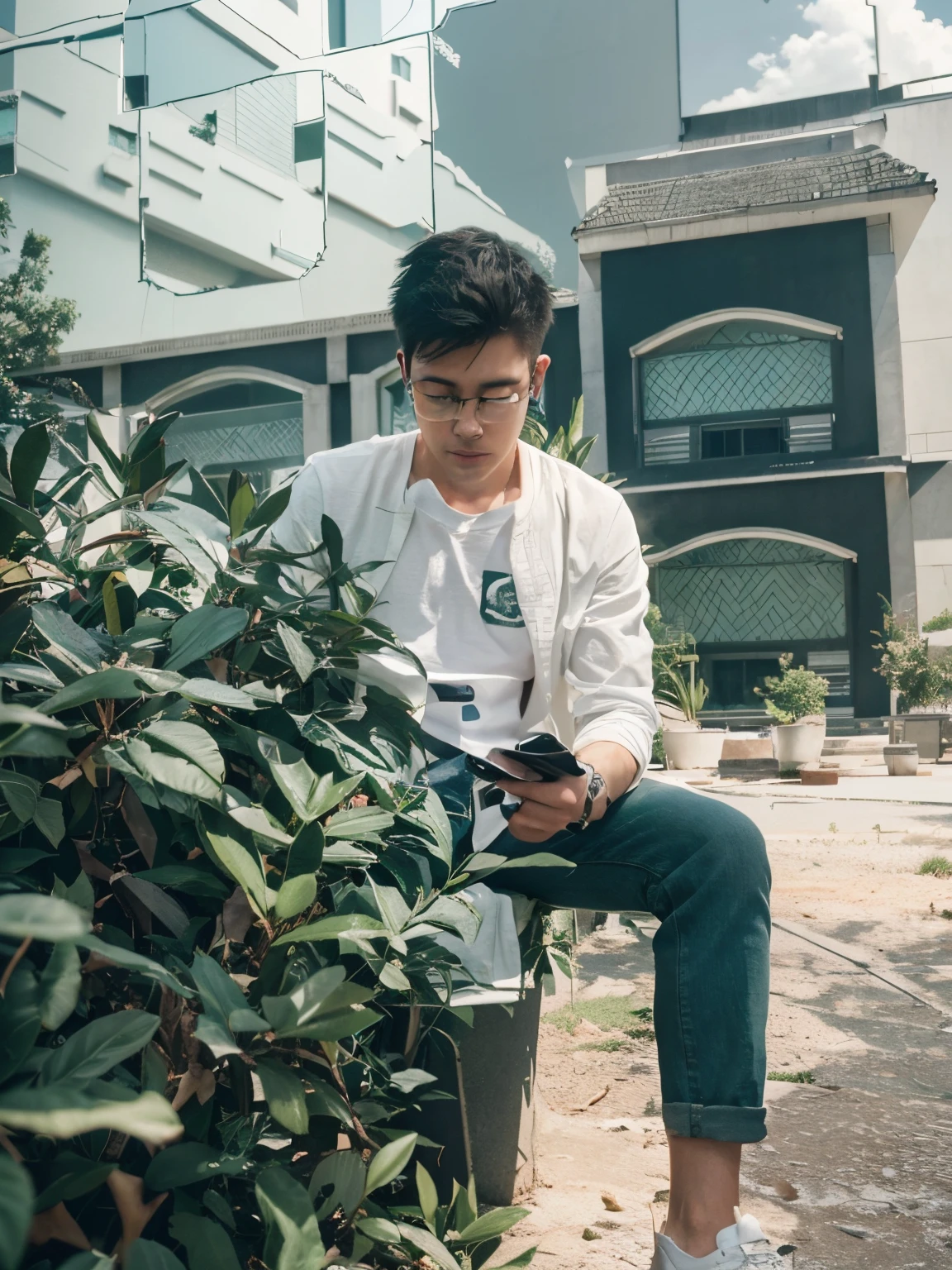 an cool university student, (male), ((short fade hair)) wears narrow mental frame glasses, wear gray coat, white plain T-shirt, black jeans ,((green background)),(anime style), (cinematic lighting), (ray tracing), ((reflection light)), ((half-body-shot)), atmospheric perspective, masterpiece, accurate, ((best quality)), high quality, super detail, high details, anatomically correct, highRes, 1080p,