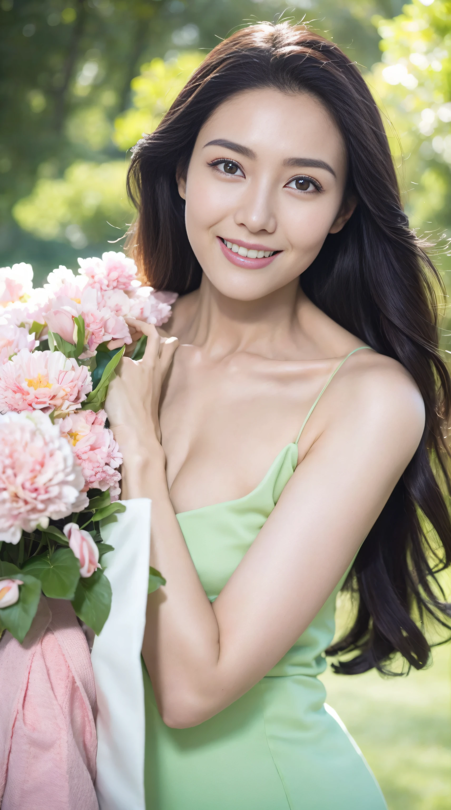Fashion model 18 years old [[[[Close-up cleavage]]]], [[[[climaxing]]]], [[[[Cole]]]], [[[[bshoulder]]]], perfect  eyes, Perfect iris，perfect lips，perfect teeth，Perfect Skin，with fair skin，HighDynamicRange，Movie Girl，(s delicate face)，(Highly defined faces)，pink casual wear，The background is green trees，fresh flowers，4K Ultra HD, 超高分辨率, (realisticlying: 1.4), Best quality at best，tmasterpiece，（pastel colour：1.2）
