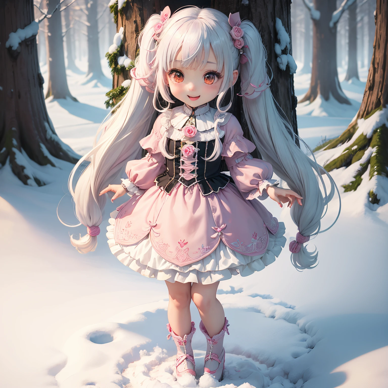 ​masterpiece、top-quality、ultra-detailliert、(Chibi Chara's Daughter:1.2)、White hair Lower twintails、pink rose hair ornament、wraith、Standing、Open your mouth and smile、fairy tale winter forest、yuki