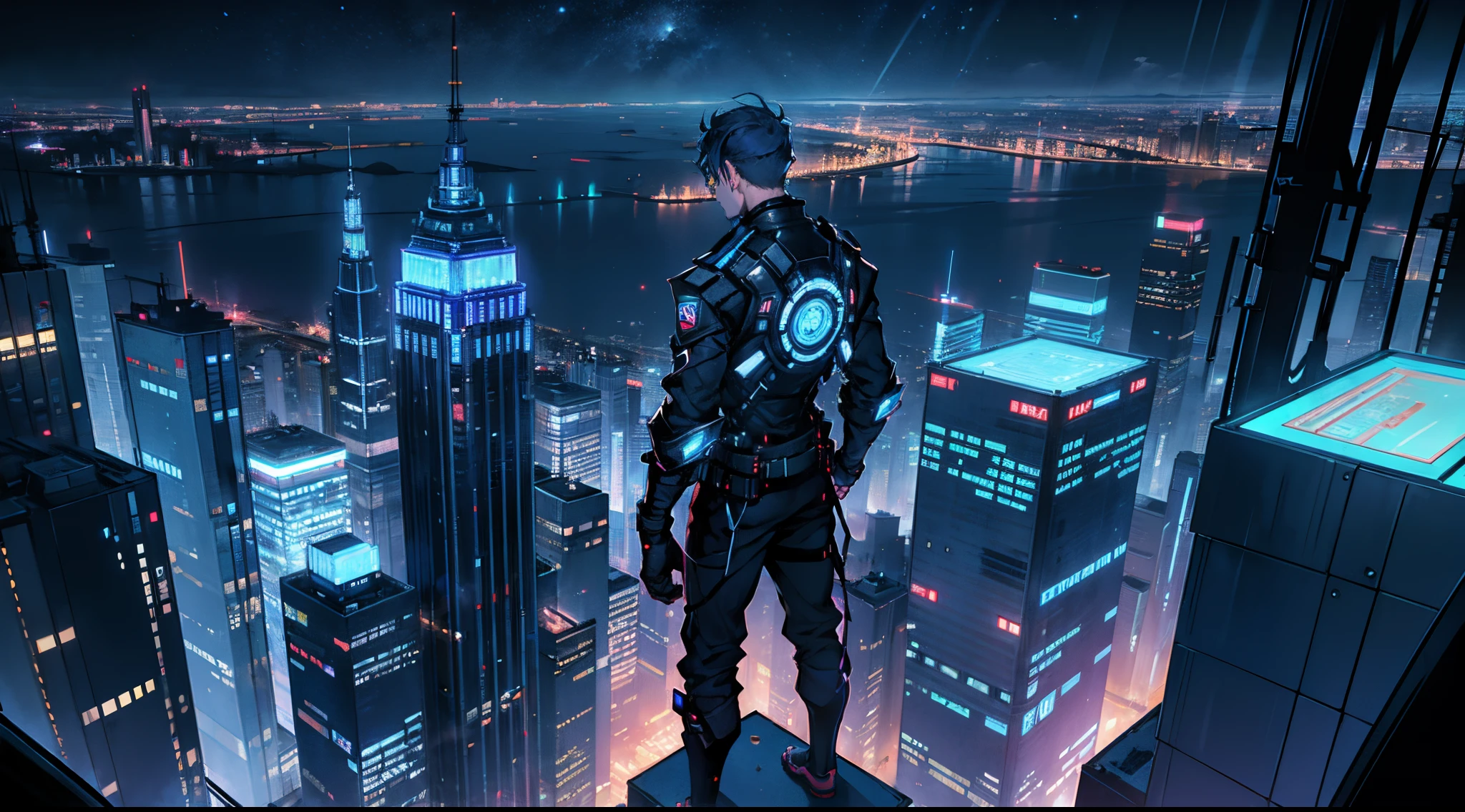 (hiquality), ciberpunk, A man stands on top of a tall building,City Night View, blue lights, Back, Top view of the composition