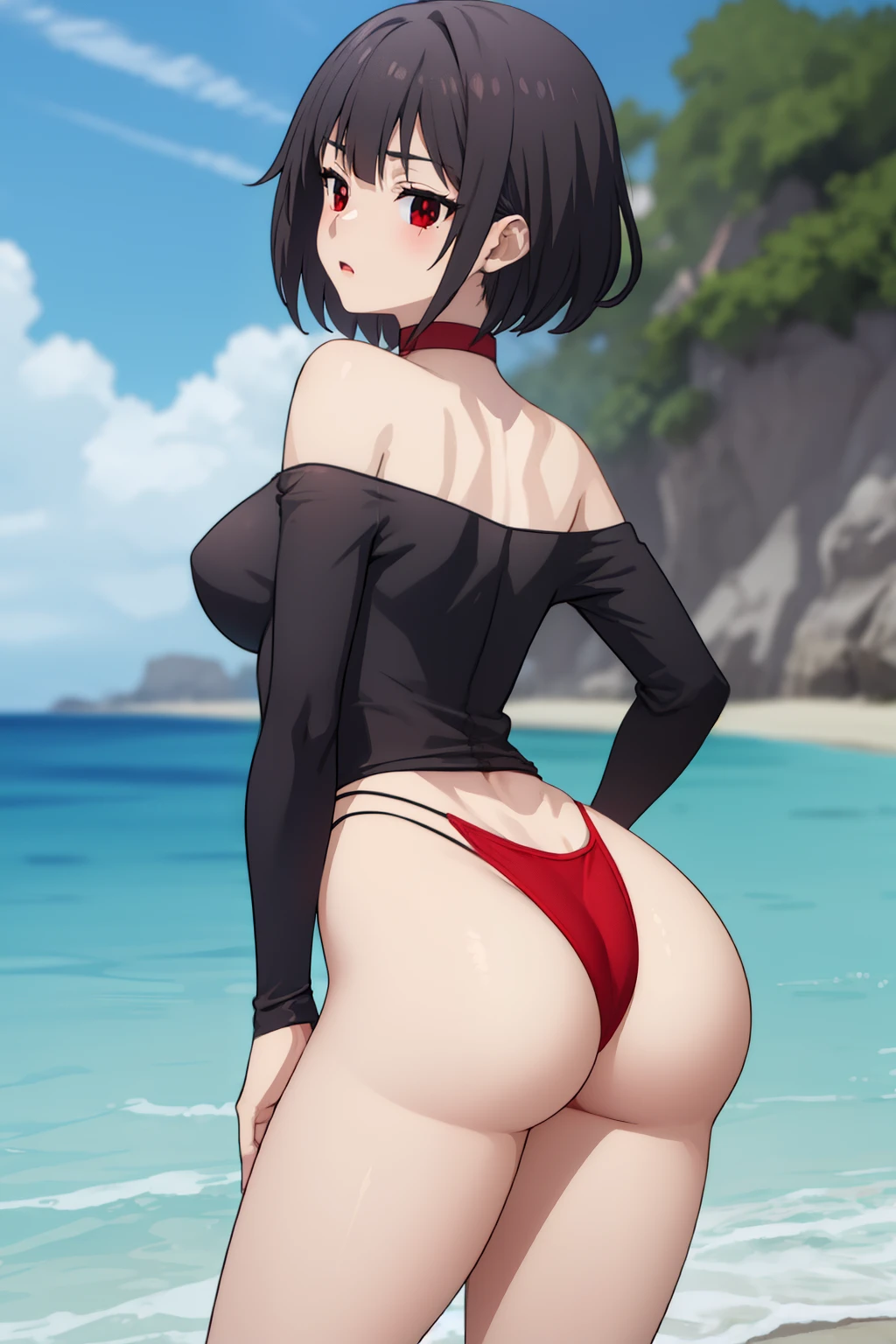 1girl, highleg panties,
ass, beach,, masterpiece, best quality, highly detailed, short black shine hair, red eyes, red choker