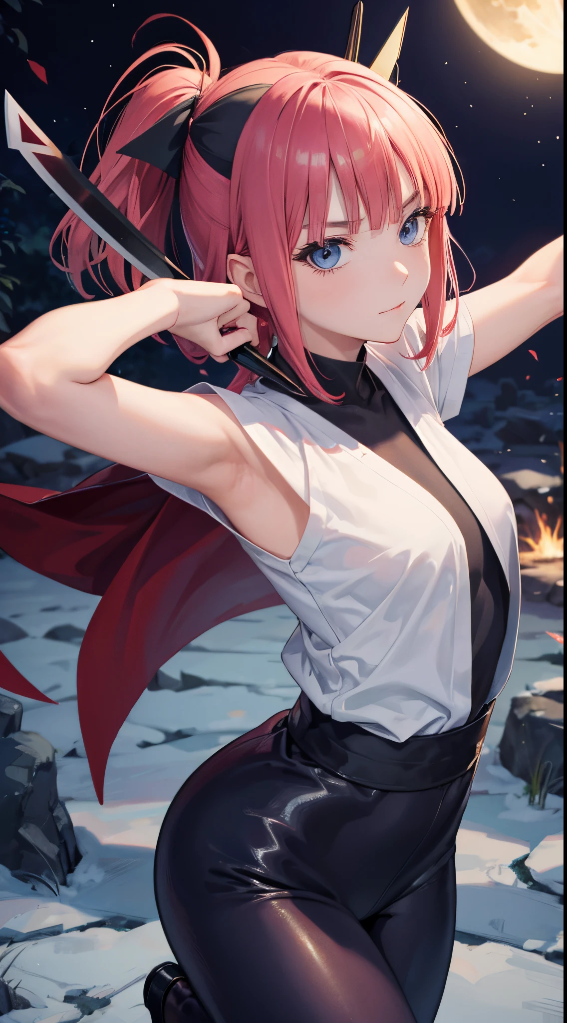 Nino Nakano gritando,manos detalladas,Pose sexy,traje ninja,bosque de noche,lanzando kunai