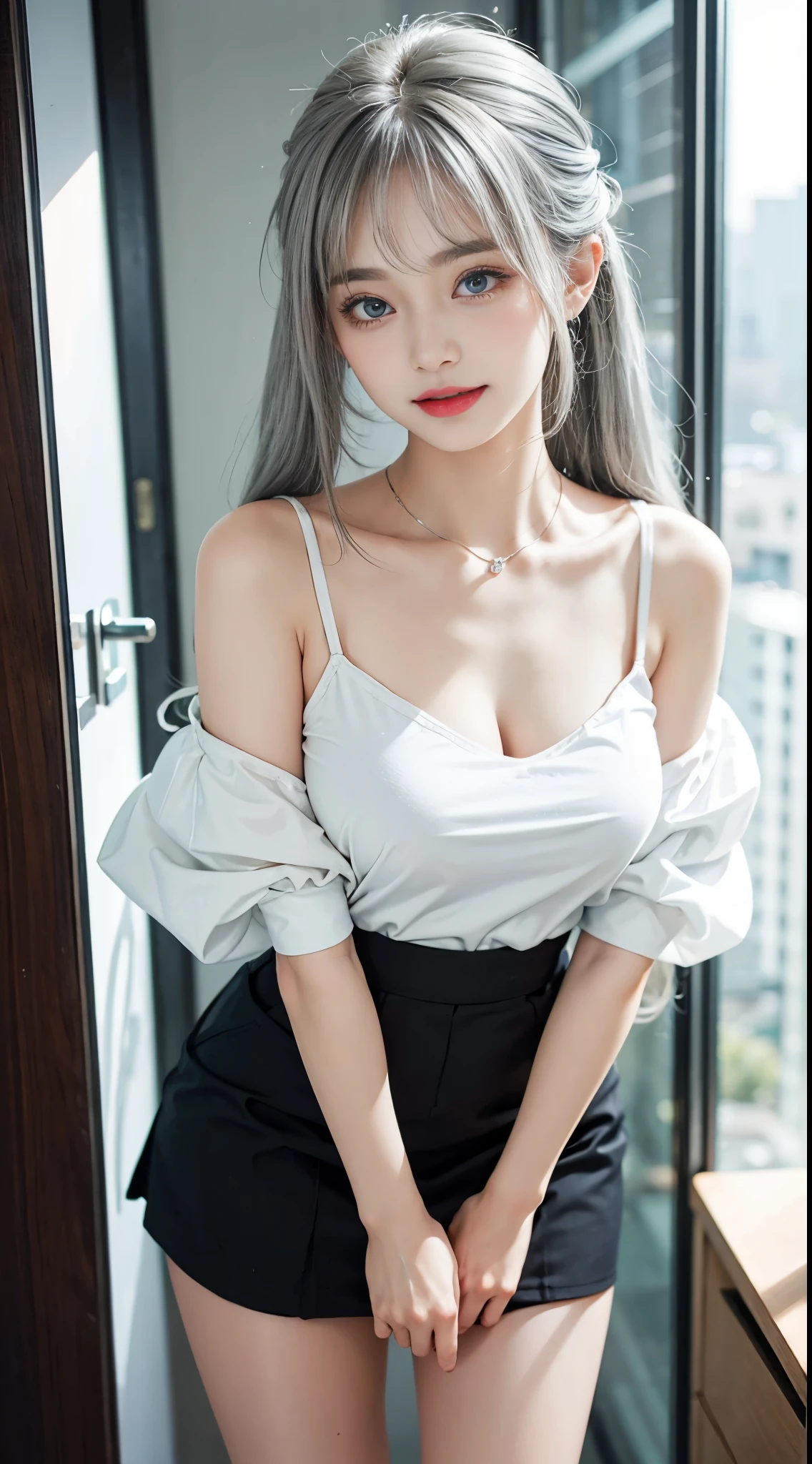 (Girl Standing In Office Changing Room)、((posterior view)), Silver hair, Bangs, Blunt bangs, Long straight hair, (side poneyTail)aqua eyes, longeyelashes, Solid Circle Eyes, makeup, Open mouth, blush, Parted lips, Bright pupils, smiley, Seductive smile, glint, surrealism, Modern,Career Woman、)(white shirt、off shoulders)、Black tight skirt、Black pantyhose、high-heels