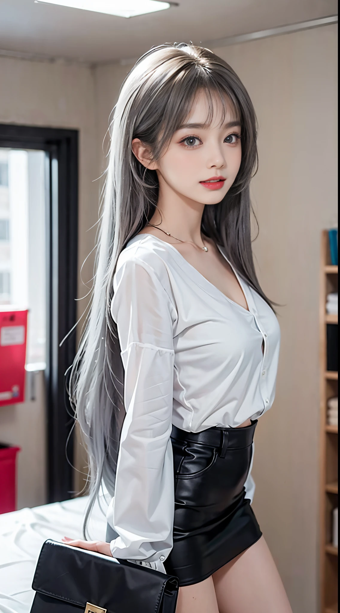 （Girl Standing In Office Changing Room）、（（posterior view））, Silver hair, Bangs, Blunt bangs, Long straight hair, （side poneyTail）aqua eyes, longeyelashes, Solid Circle Eyes, makeup, Open mouth, blush, Parted lips, Bright pupils, smiley, Seductive smile, glint, surrealism, Modern,Career Woman、）（white  shirt、off shoulders）、Black tight skirt、Black pantyhose、high-heels