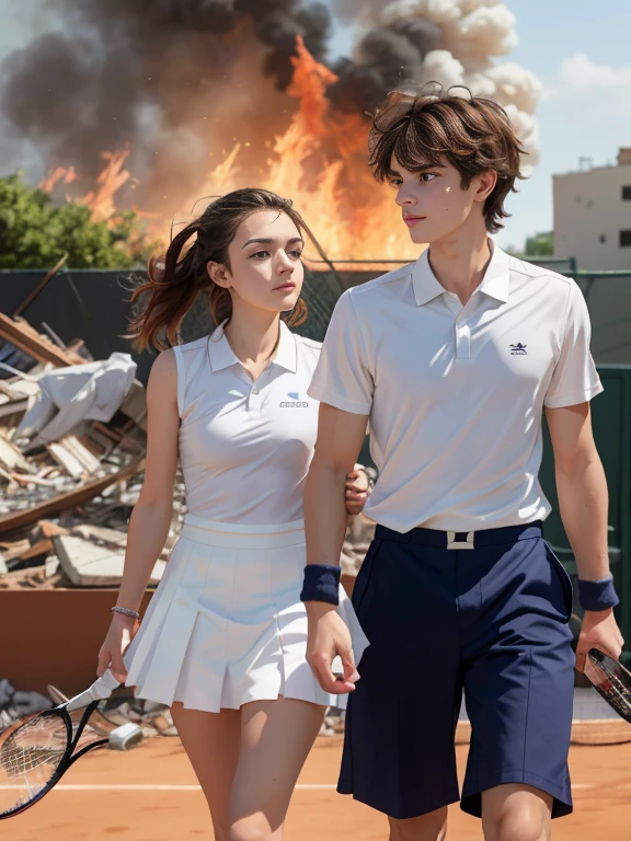 a young man and a woman,tennis court,girl, Alone, White polo shirt, White sneakers, tennis wear, white mini-skirt,boy with messy hair, The vest is stained, Skirt tears, Walk through the rubble. crumbling buildings, Burning flame, white skinned, Smooth skin, flame tennis
