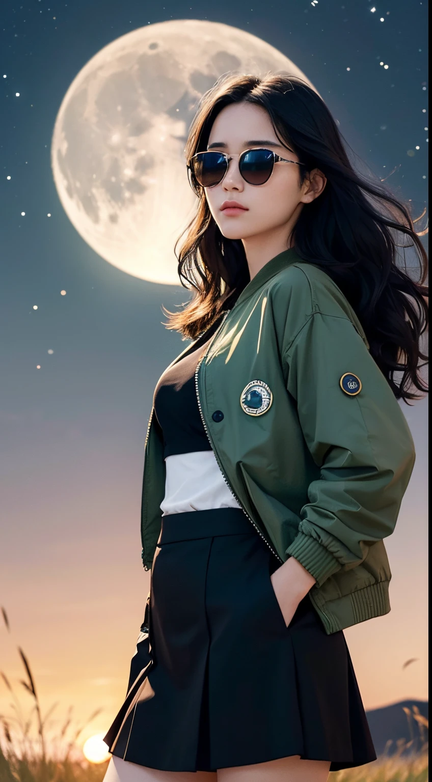 18 year old mature girl, she wears a green jacket, she wore a short black skirt , she has long, wavy black hair, he has a symmetrical face, she wears sunglasses, she is very beautiful and Kawai, she was on the prairie at night, beautiful night sky, stars and moon, wind blowing, very realistic, very detailed