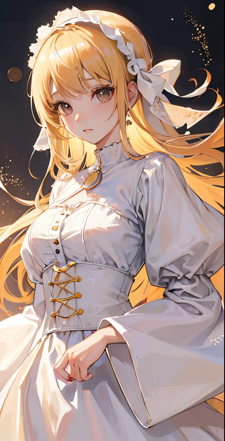 ((masutepiece)), High quality, super detailed, Blonde hair + White clothing: 1.2, sweet and delicate girl, nffsw, Lolita, Delicate facial features, Perfect figure, face with pearl decoration, bubbles surrounding, bright bright colors, romantic long hair, Natural light, warm and sweet, Brown eyes, gorgeous hair decoration.