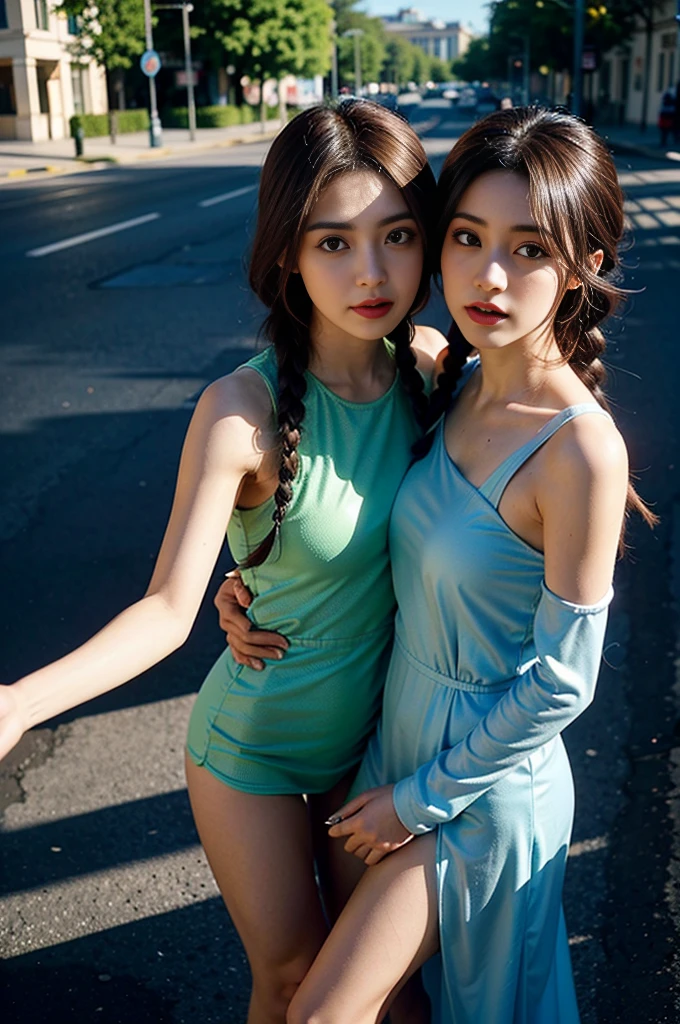 shukezouma, rendering by octane, hdr, (ultra - detailed:1.15), (Soft light, Sharp:1.2), (((duo,Two women in costume take selfies on the street,colorful pigtail, anime cosplaying,))),Beautiful girl, hyper detail eyes, mature, Painting drops, paint teardrops, woman made up from paint, entirely paint, splat, Splash, Long colored hair,paint bulb,paint drops, Exposed shoulders, Tears,shoulders are visible, Thighs exposed, seminude, focus onface, Beautiful face, eye shadows, Dark circle contour, russian face, Russian girl, mascara, Beautiful, 18yr old