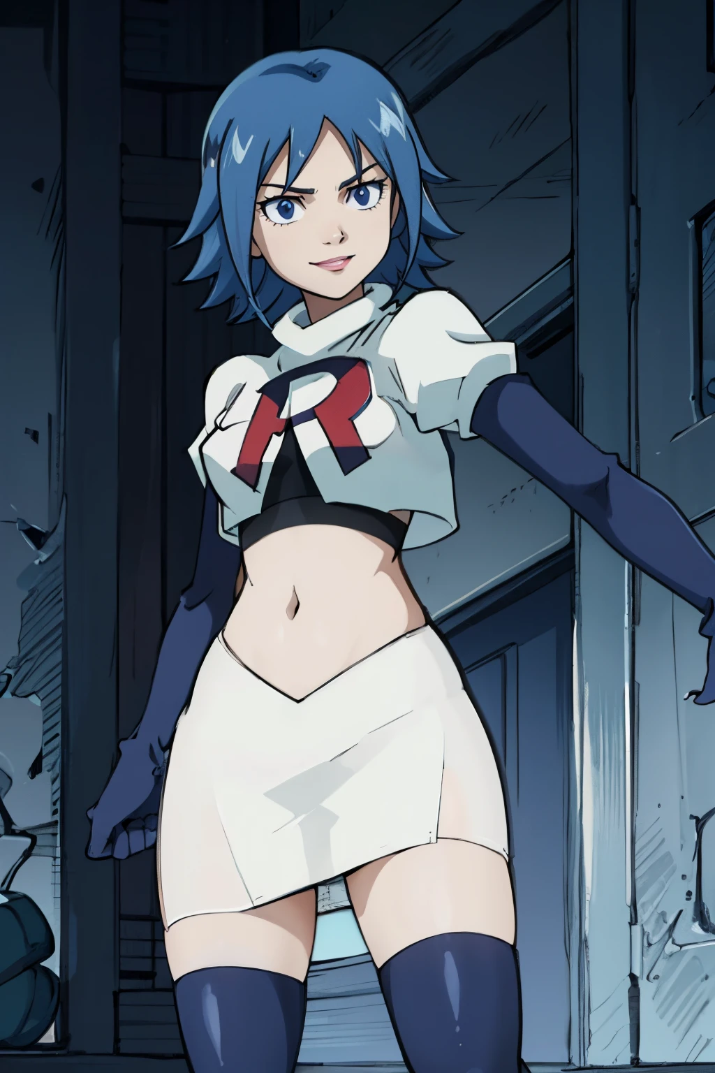 JUVIAJFT ,team rocket uniform, red letter R, white skirt,white crop top,black thigh-highs,black elbow gloves, smile, blue eyes, cowboy shot, posing