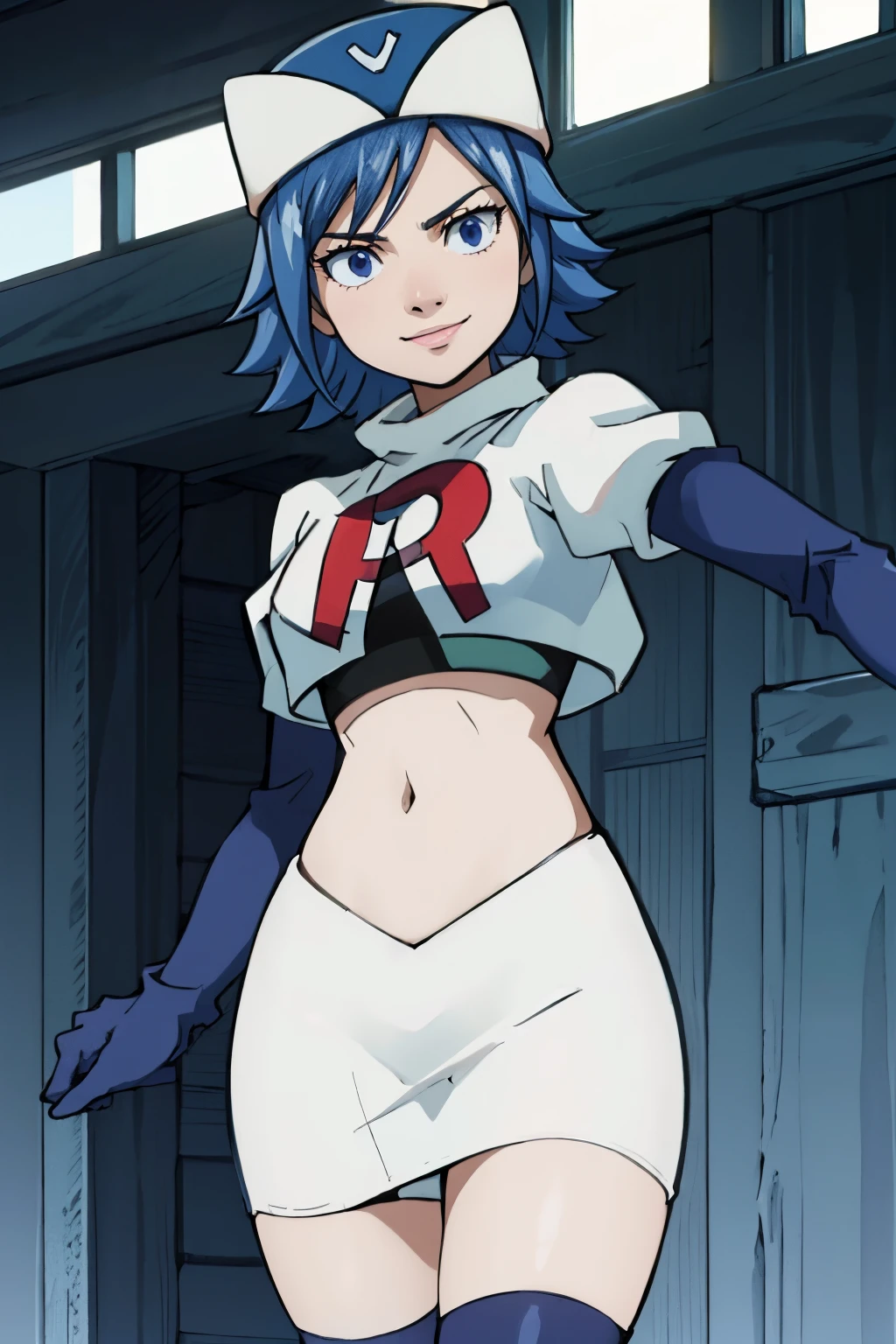 JUVIAJFT ,team rocket uniform, red letter R, white skirt,white crop top,black thigh-highs,black elbow gloves, smile, blue eyes, cowboy shot, posing