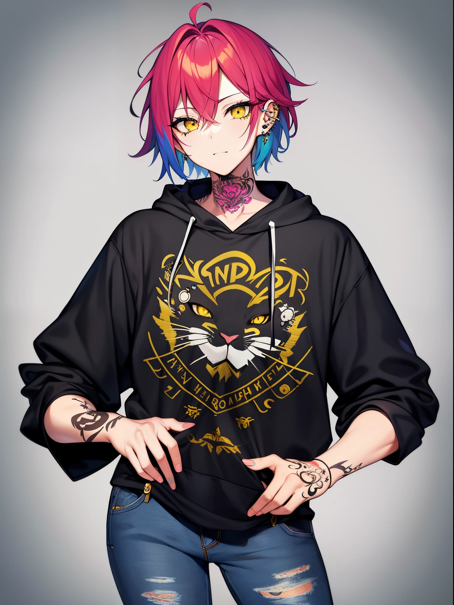 Cool and trendy rabbits, rainbow-colored hair, Yellow eyes, Wear trendy hip-hop clothes, Wearing a hoodie, Graphic T-shirt and ripped jeans, Lots of tattoos and piercings, Doodle style background, Highly detailed background, perfect masterpiece, High quality, High resolution