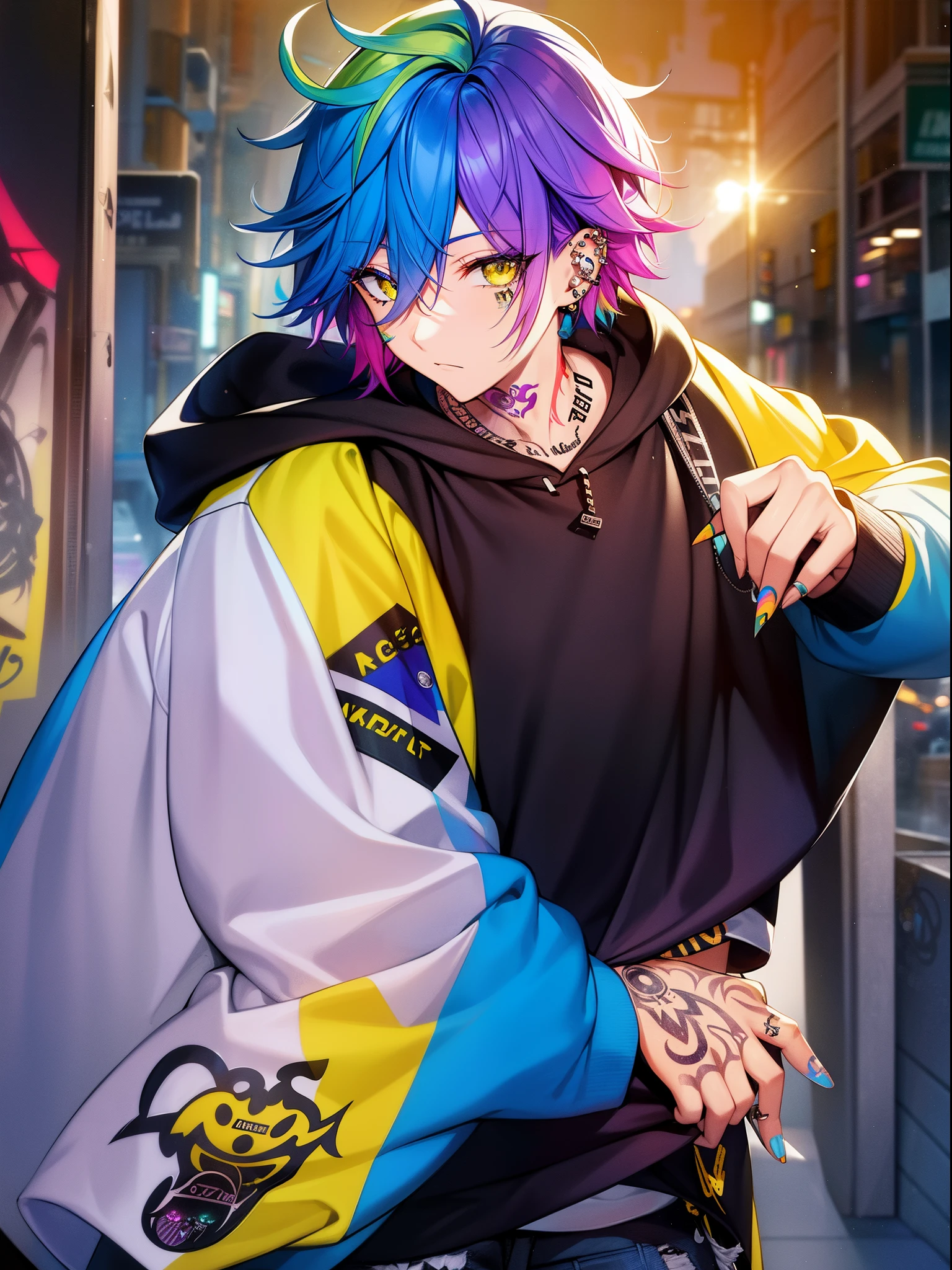 Cool and trendy rabbits, rainbow-colored hair, Yellow eyes, Wear trendy hip-hop clothes, Wearing a hoodie, Graphic T-shirt and ripped jeans, Lots of tattoos and piercings, Doodle style background, Highly detailed background, perfect masterpiece, High quality, High resolution