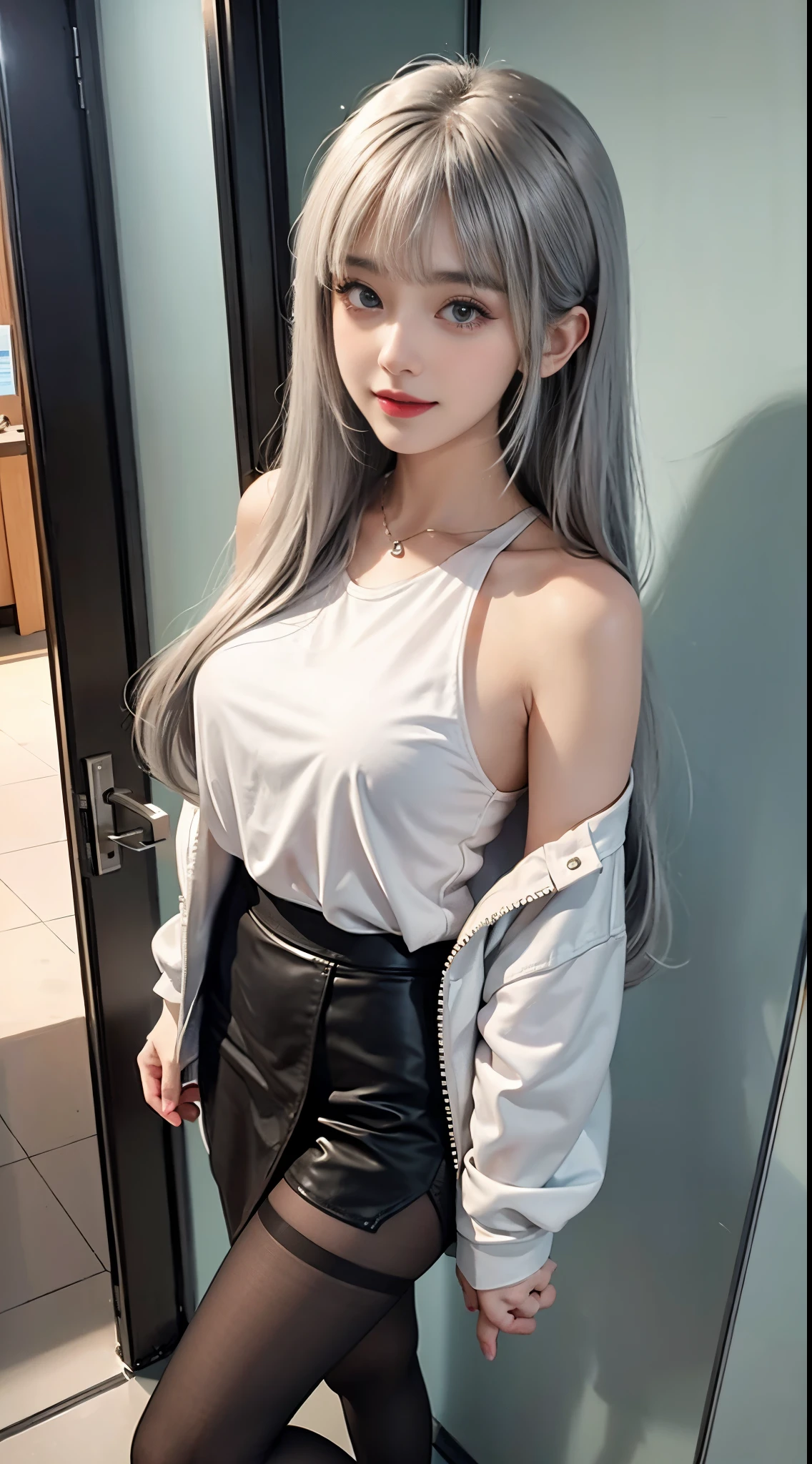 (Girl Standing In Office Changing Room)、((posterior view)), Silver hair, Bangs, Blunt bangs, Long straight hair, (side poneyTail)aqua eyes, longeyelashes, Solid Circle Eyes, makeup, Open mouth, blush, Parted lips, Bright pupils, smiley, Seductive smile, glint, surrealism, Modern,Career Woman、)(white shirt、off shoulders)、Black tight skirt、Black pantyhose、high-heels
