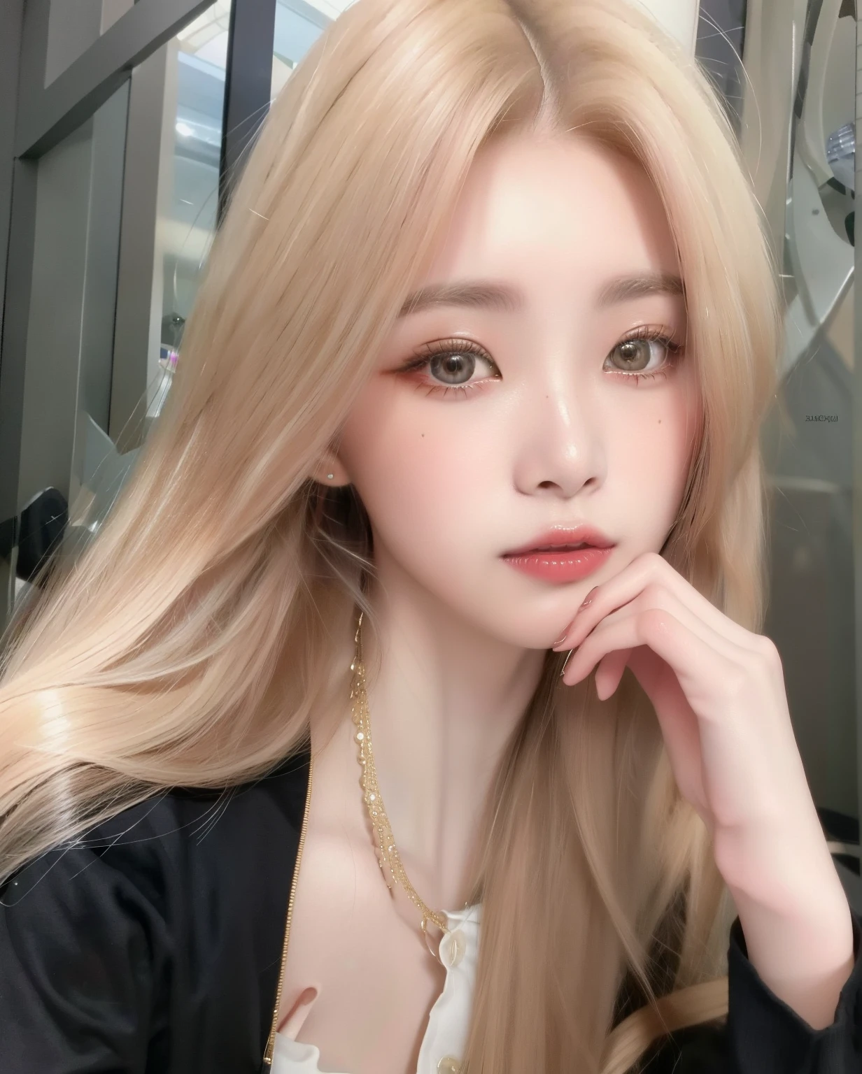 Un primer plano de una mujer con cabello largo y rubio y un collar, ulzzang, maquillaje popular de Corea del Sur, maquillaje coreano popular, Chica coreana, extremely pale blond hair, Hermosa mujer surcoreana, Wan adorable cara coreana, Joven y adorable rostro coreano, Hermosa joven coreana, cabello rubio muy, very pale, Beautiful aesthetic face, Cabello largo y rubio y ojos grandes