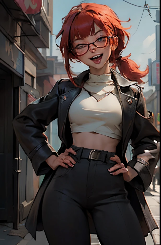 1 woman wearing glasses, japanaese girl, (Hairstyle with dull bangs), (Fringe cut bangs hairstyle), (The forehead is hidden by bangs), (Red hair:1.5), (Low ponytail:1.5), (asymmetrical messy hair), (((black-rimmed round glasses))), (((beautiful and detailed face))), (((Perfect face))), (((Beautiful detailed eyes))), (((Perfect eyes))), ((Sharp eyes)), (Blue eyes), Punk makeup with lots of eyelashes and jet black eyeshadow, ((with a sadistic smile), (Open mouth:1.5)), (Tanned skin:1.5), (((stand neck coat)), Street fashion, Sports pants, (Solo), (put hands on the hip), Perfect Anatomy, slender, Abs, (thin waist), (Handsome face:1.3), (Crazy smile:0.8), (Tooth fangs:1.2), ((Narrowed eyes)), (((look at me with a provocative smile))), (Half-closed eyes:1.4), (((black thick rimmed glasses))), (High detailed skin), ((top-quality)), ((High Definition)), ((Beautiful detailed)), high quality shadow, Mostly cloudy sky, ((Official art)), Octane Render, Two-tone lighting, (cyberpunk city street background, Detailed background), White Balance, Long exposure, depth of fields, Anatomically correct, (((Best Quality))), (((masutepiece))), (((Super Detail))), (((nffsw)))