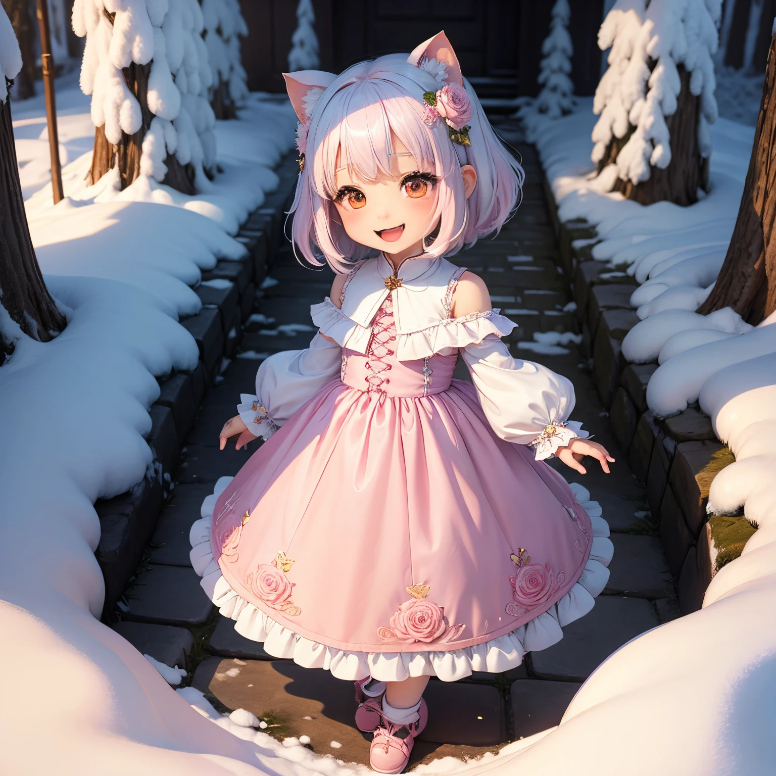 masterpiece、top-quality、ultra-detailliert、(Chibi Chara's Daughter:1.2)、White-haired twin-tailed、Pink rose hair ornament、wraith、Standing、Open your mouth and smile、fairy tale winter forest、Yuki