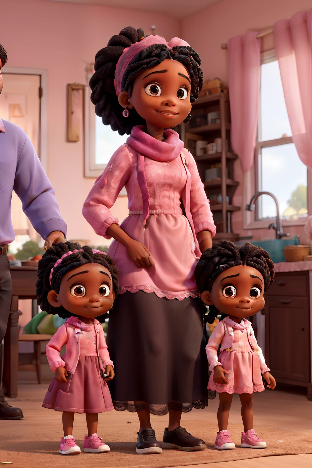 A black family with mom dad and daughter,mom is wearing a pink scarf with pink long sleeve dress with a black veil on her shoulder,dad has a lowcut hair with little face hair and a bottoned long sleeve shirt, daughter had a braids in a ponytail decorated with beads shes wearing a lace tank top and pink tule skirt