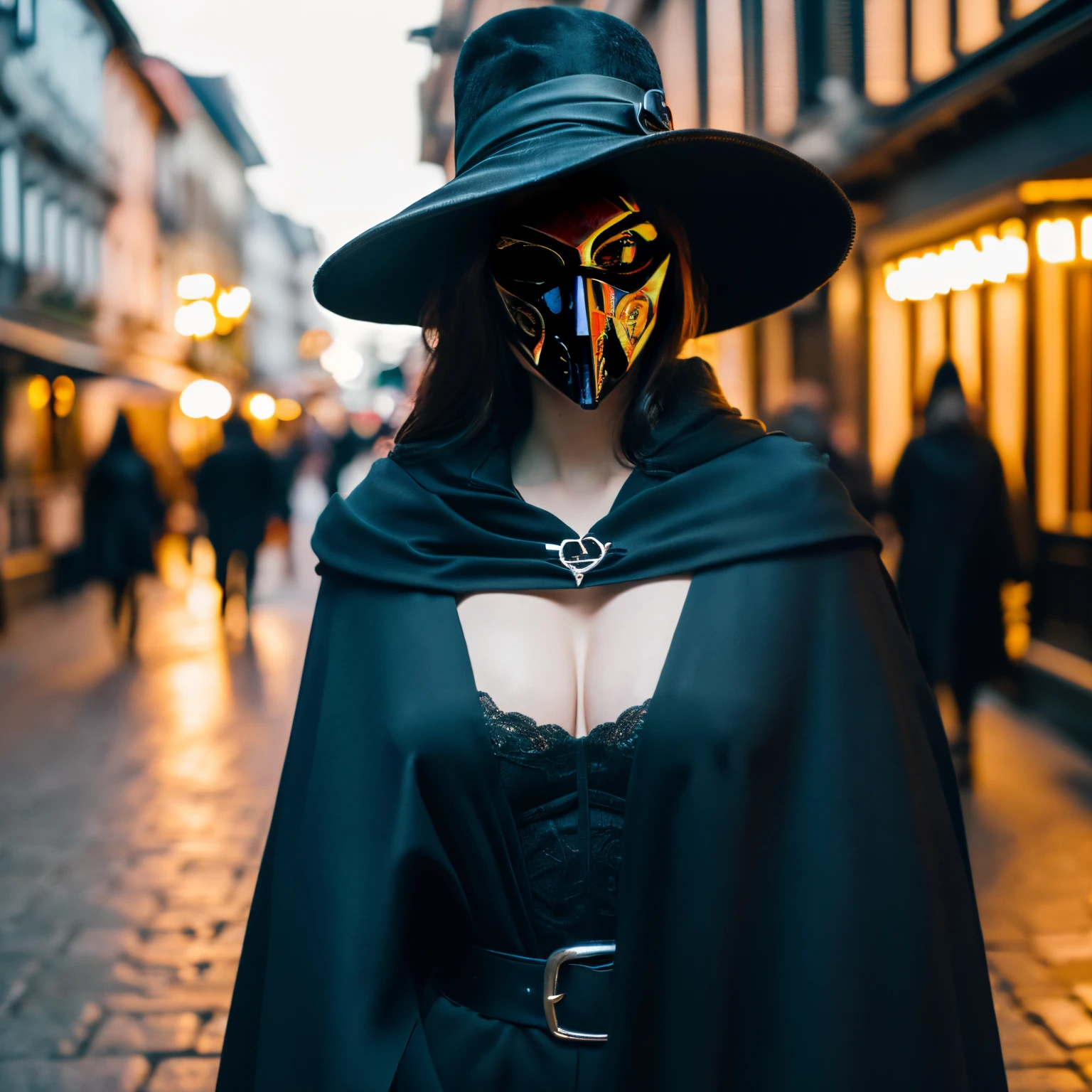 ((top-quality、masutepiece、8K、Top image quality、Very complex and detailed details))、((1 female phantom thief、femele、Long Wave Hair、Beautuful Women))、(Black top hat、detailed and intricate black venetian mask、Big black cloak:1.5)、19th century European black corsets and pants、Pure black clothes、Black pants、perfect venetian mask、(outside the museum at night、Outside a huge and luxurious museum、european townscape、Majestic and luxurious museum background、(walking in city、A violently swaying black cloak:1.3)、large full breasts、Emphasize body lines